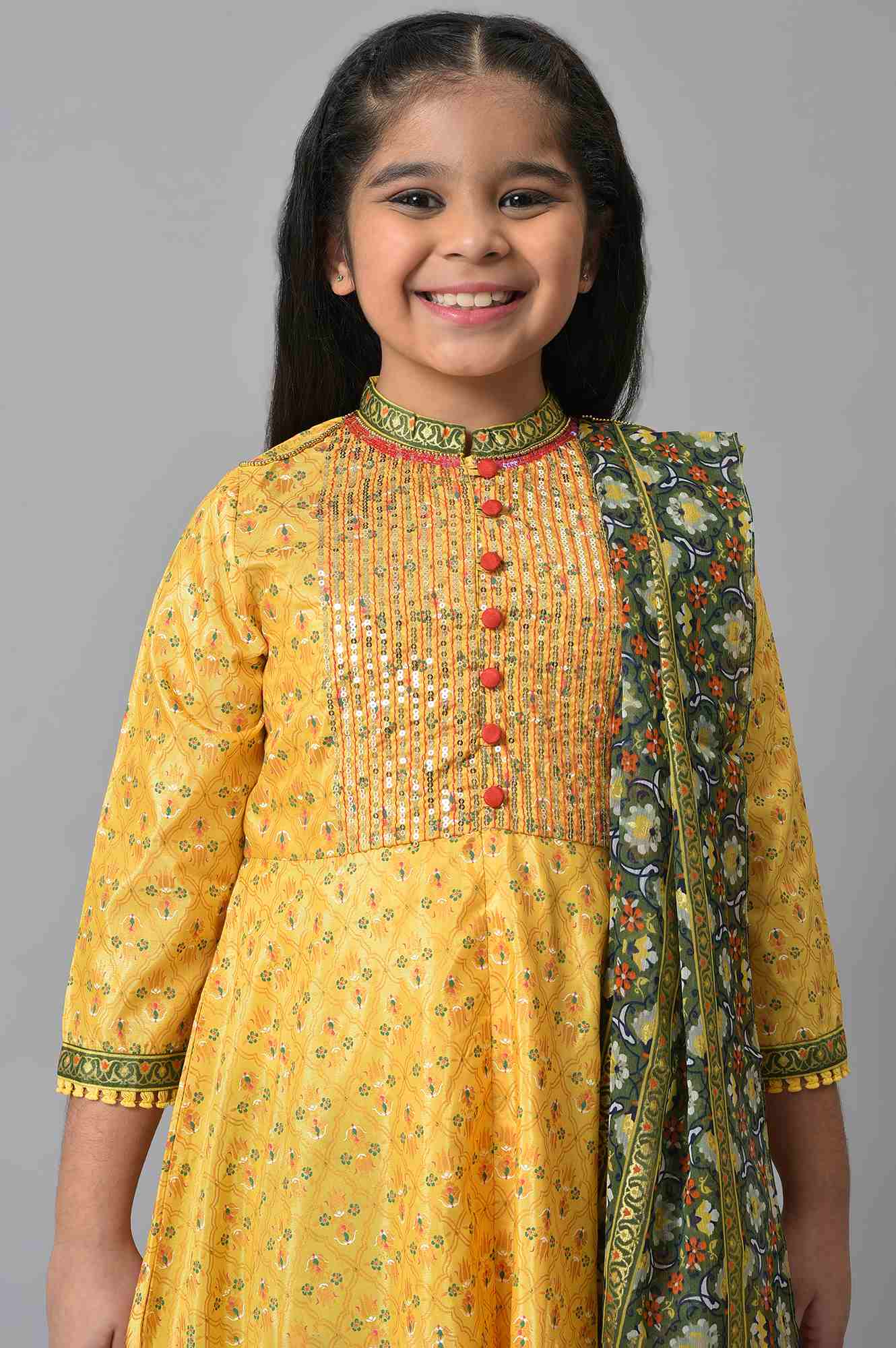 Girls Yellow Sequined kurta With Green Tights And Dupatta - Image 5