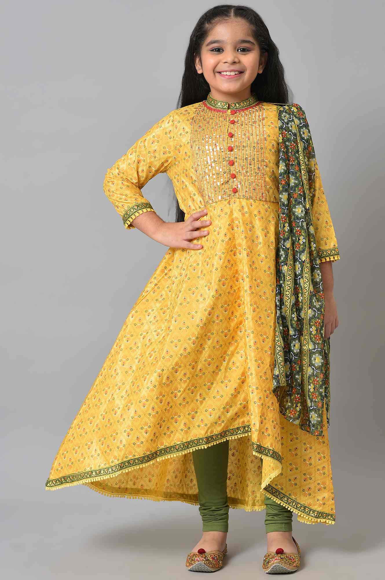 Girls Yellow Sequined kurta With Green Tights And Dupatta - Image 9