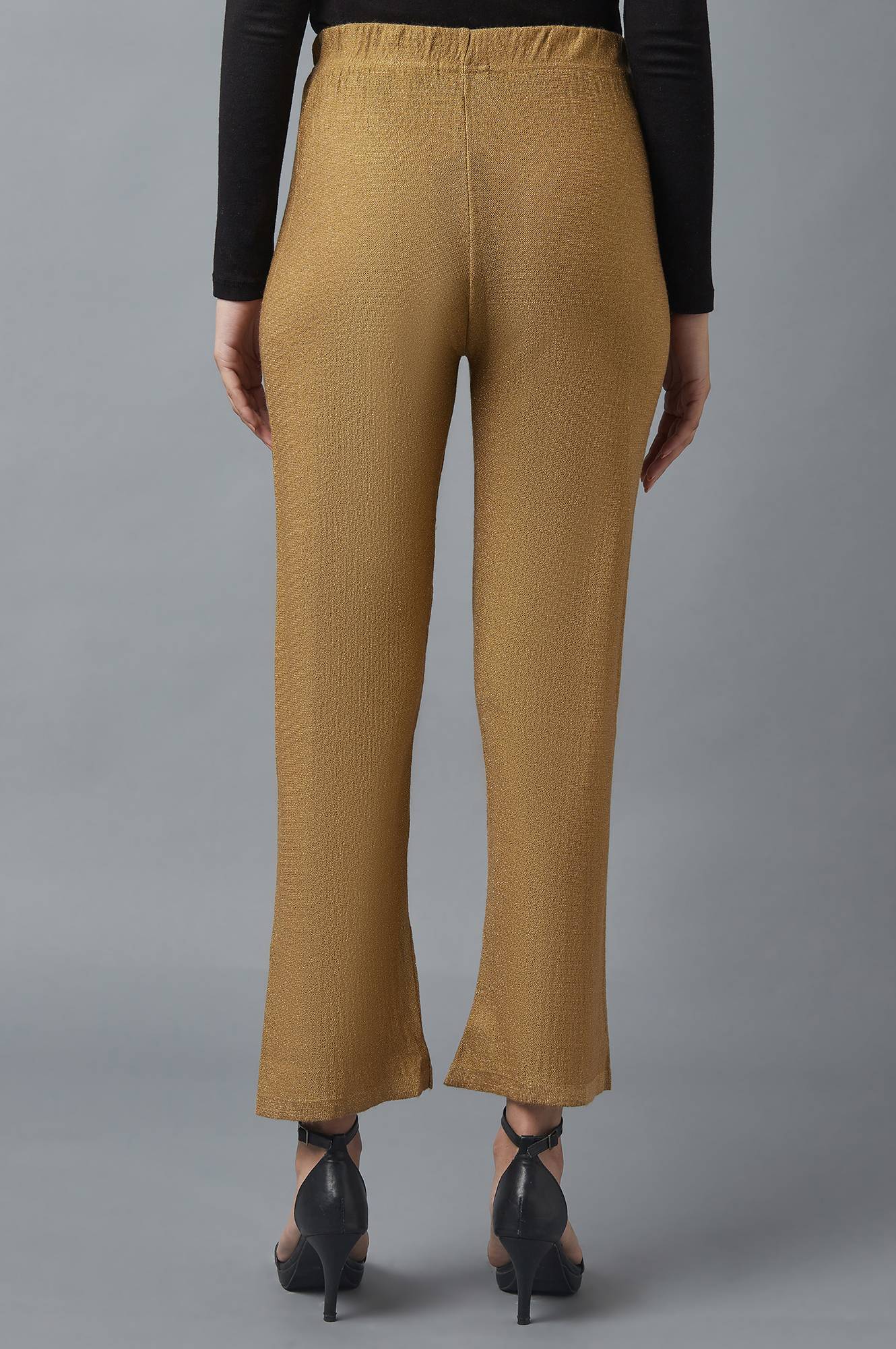 Gold Solid Boot Cut Acrylic Palazzo With Elasticated Waist - Image 2