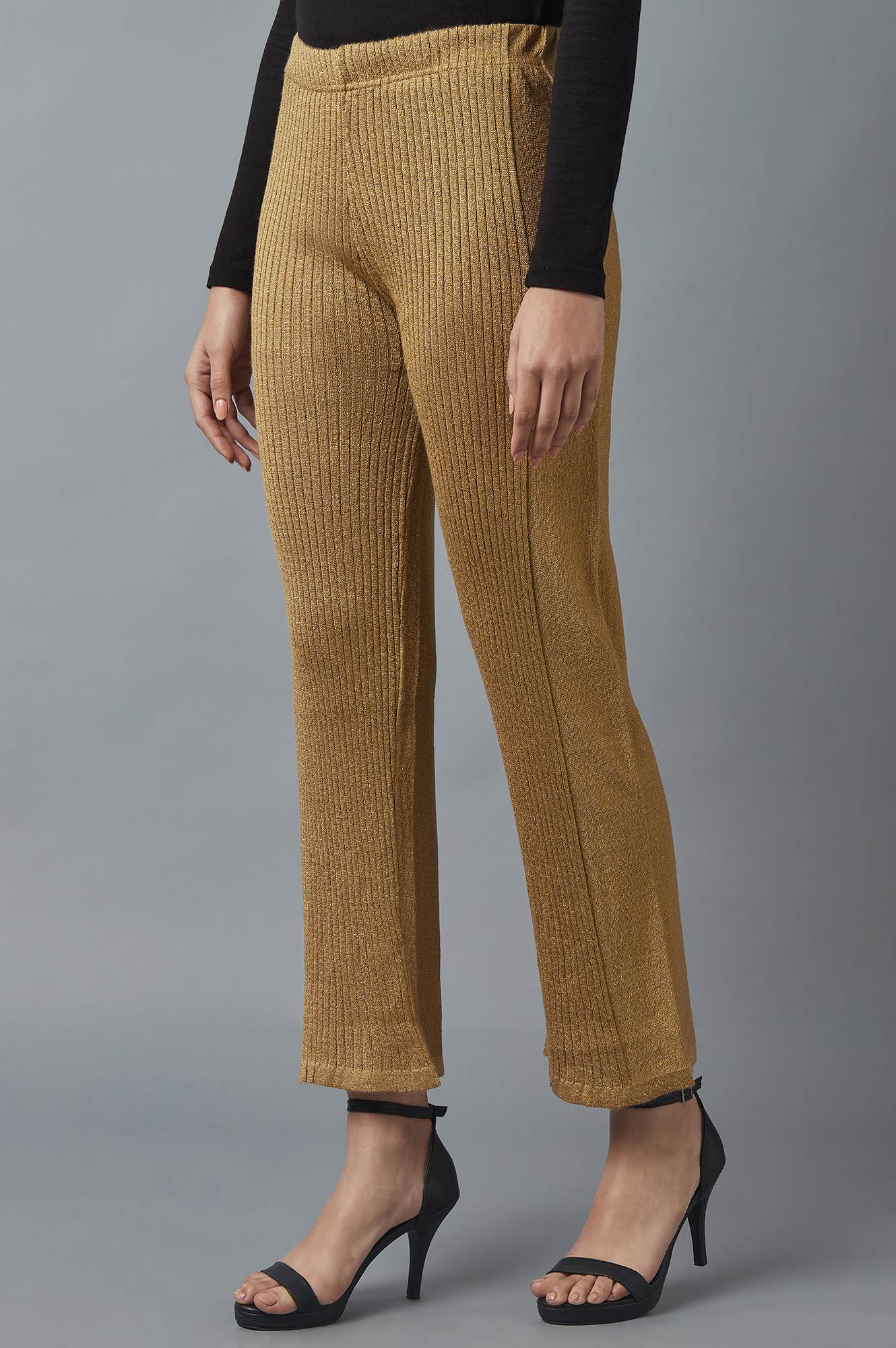 Gold Solid Boot Cut Acrylic Palazzo With Elasticated Waist - Image 3