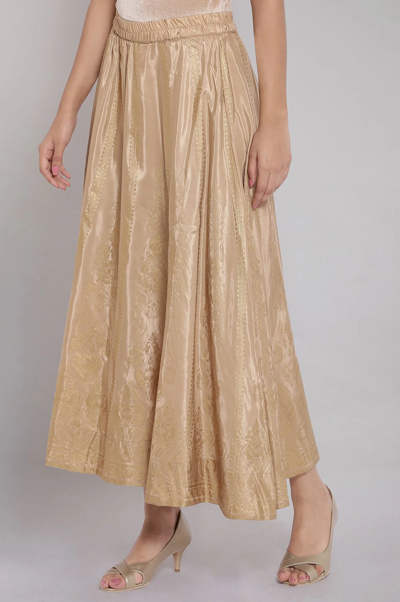 Gold Floral Printed Flared Silk Skirt With Elasticated Waist - Image 3