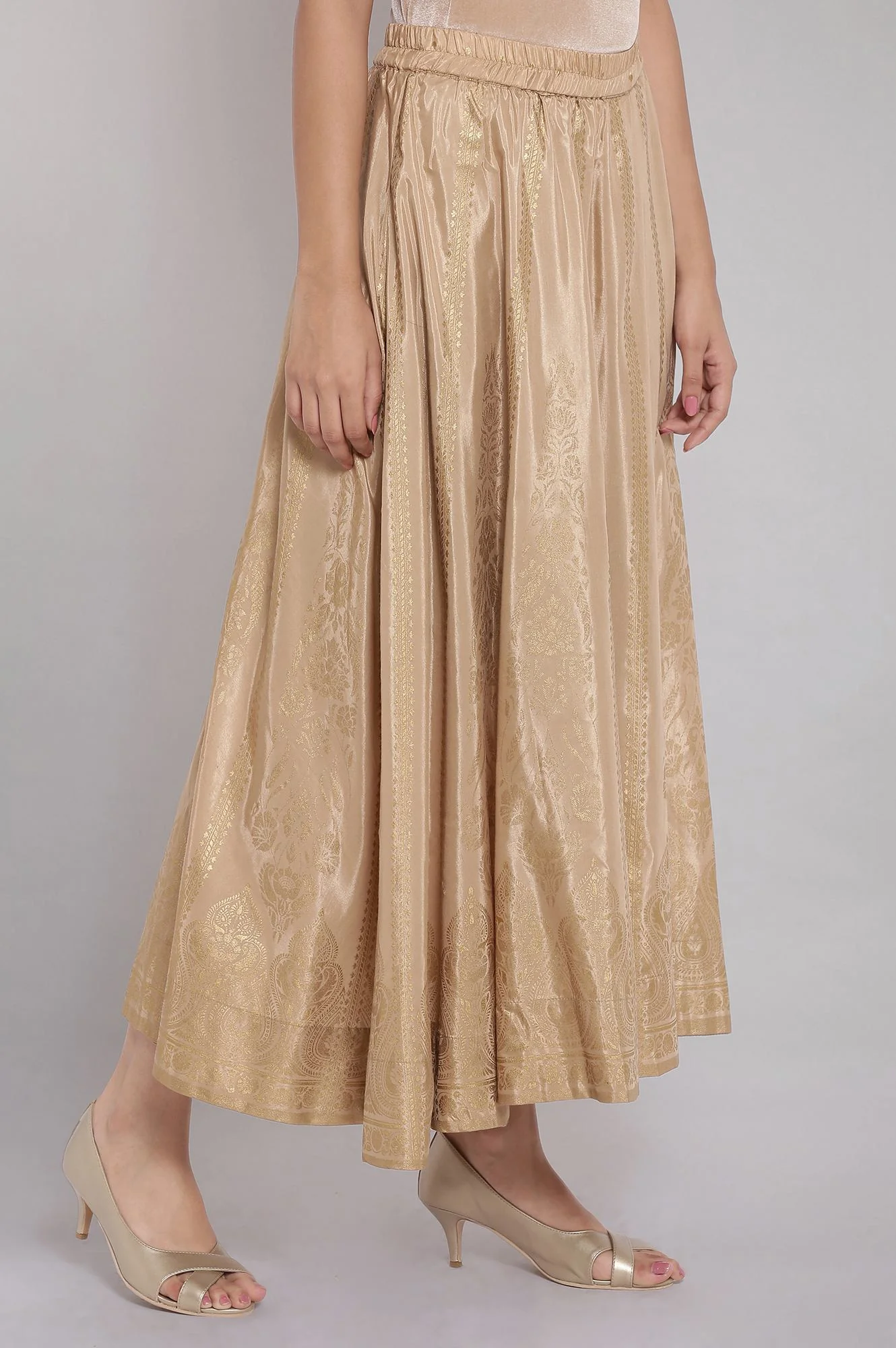 Gold Floral Printed Flared Silk Skirt With Elasticated Waist - Image 4