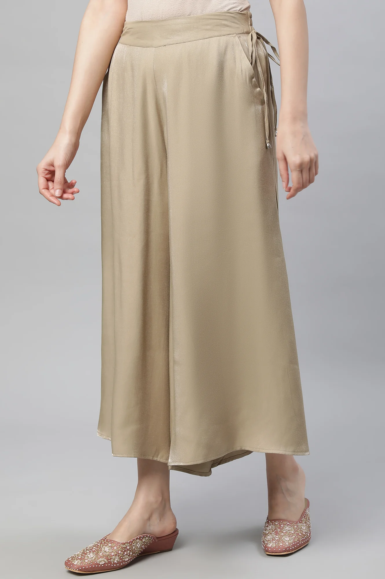 Gold Solid Flared Rayon Culottes With Slip On Closure - Image 2