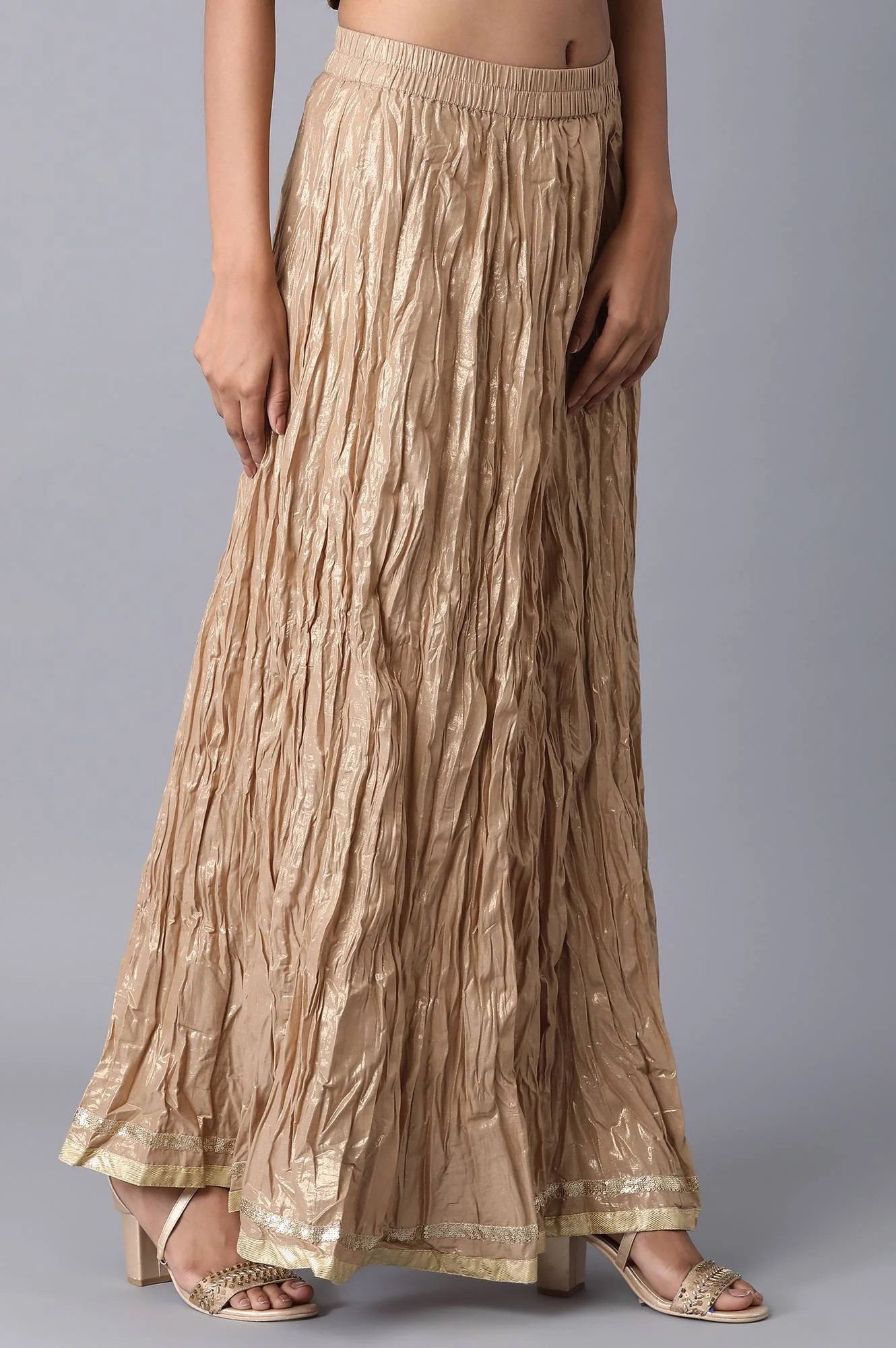 Gold Crinkled Flared Cotton Skirt With Elasticated Waist - Image 4