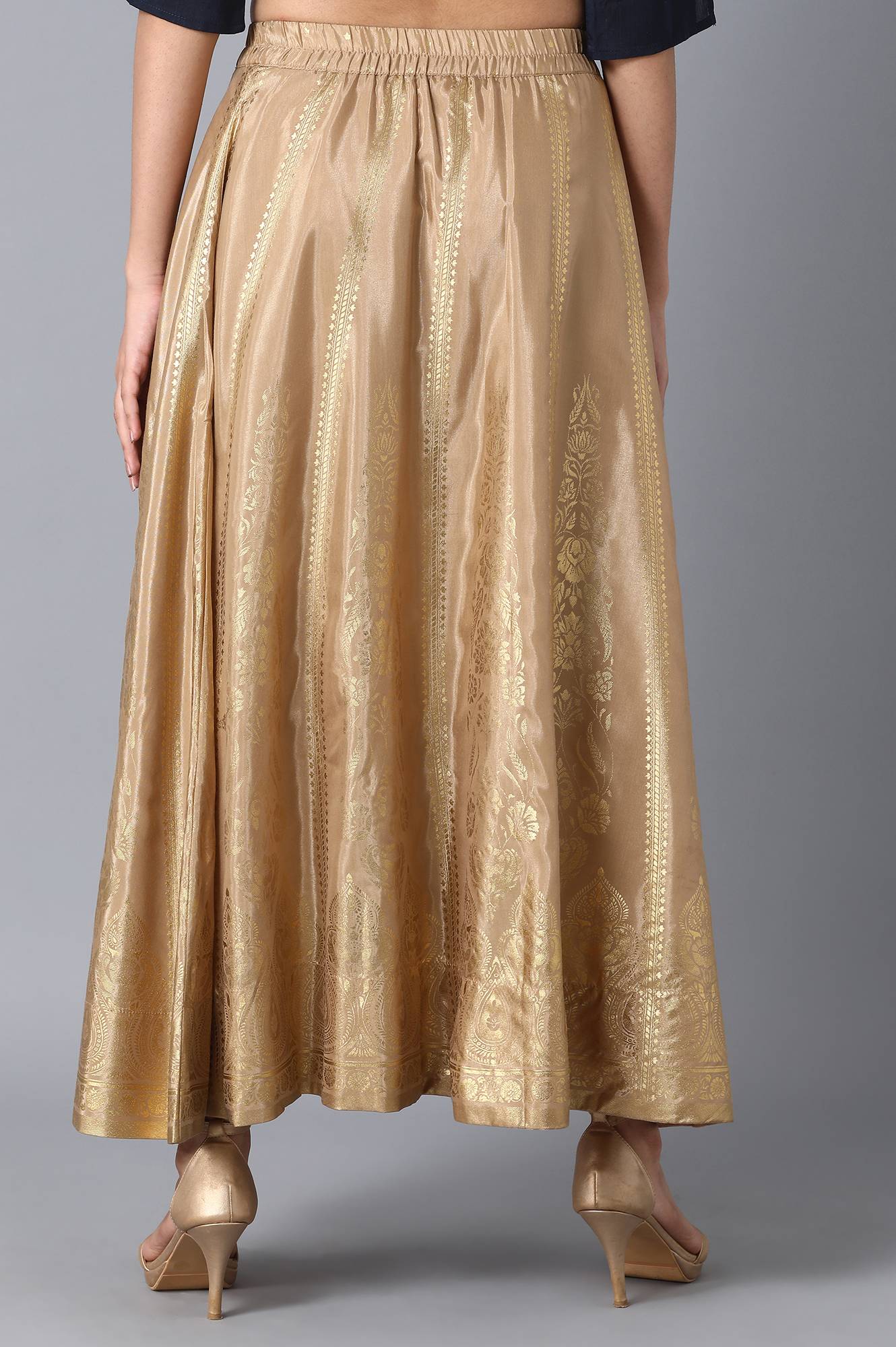 Gold Printed Flared Silk Skirt With Elasticated Waist - Image 2