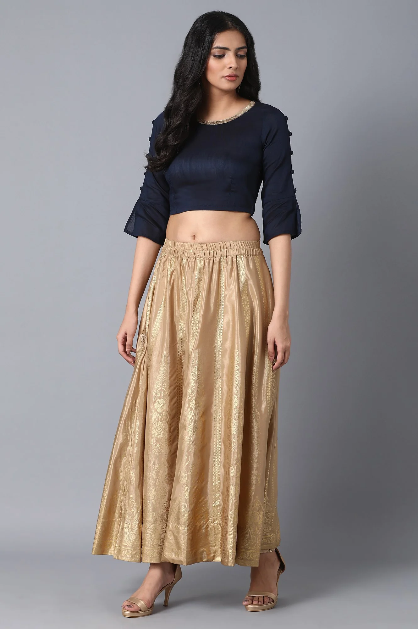 Gold Printed Flared Silk Skirt With Elasticated Waist - Image 5