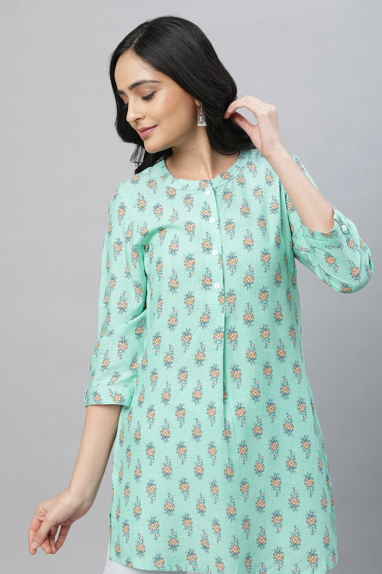 Green Band Collar Printed Kurti - Image 6