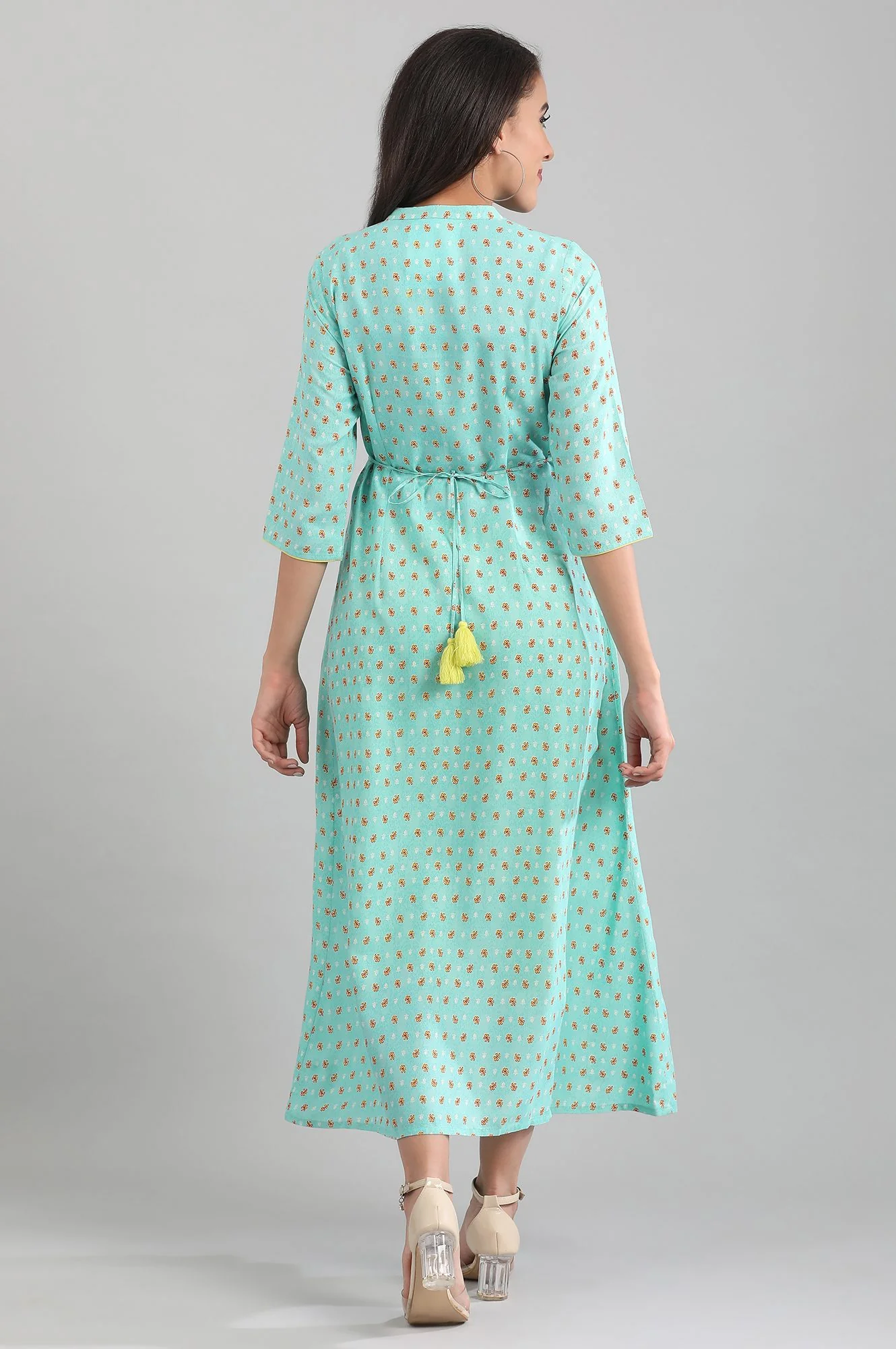 Green Band Collar Printed Liva kurta - Image 2