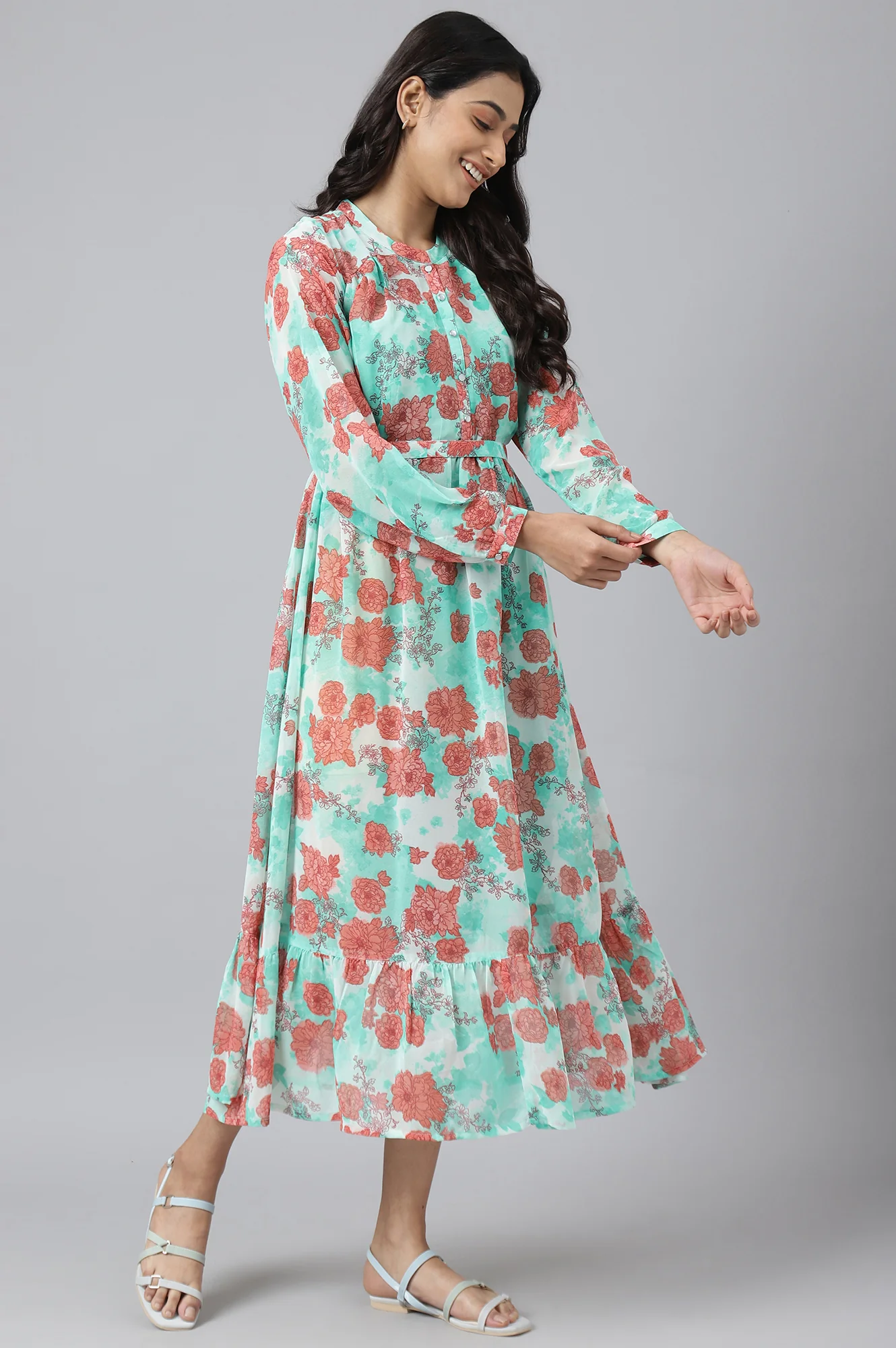 Green Bold Floral Print Flared Dress - Image 5