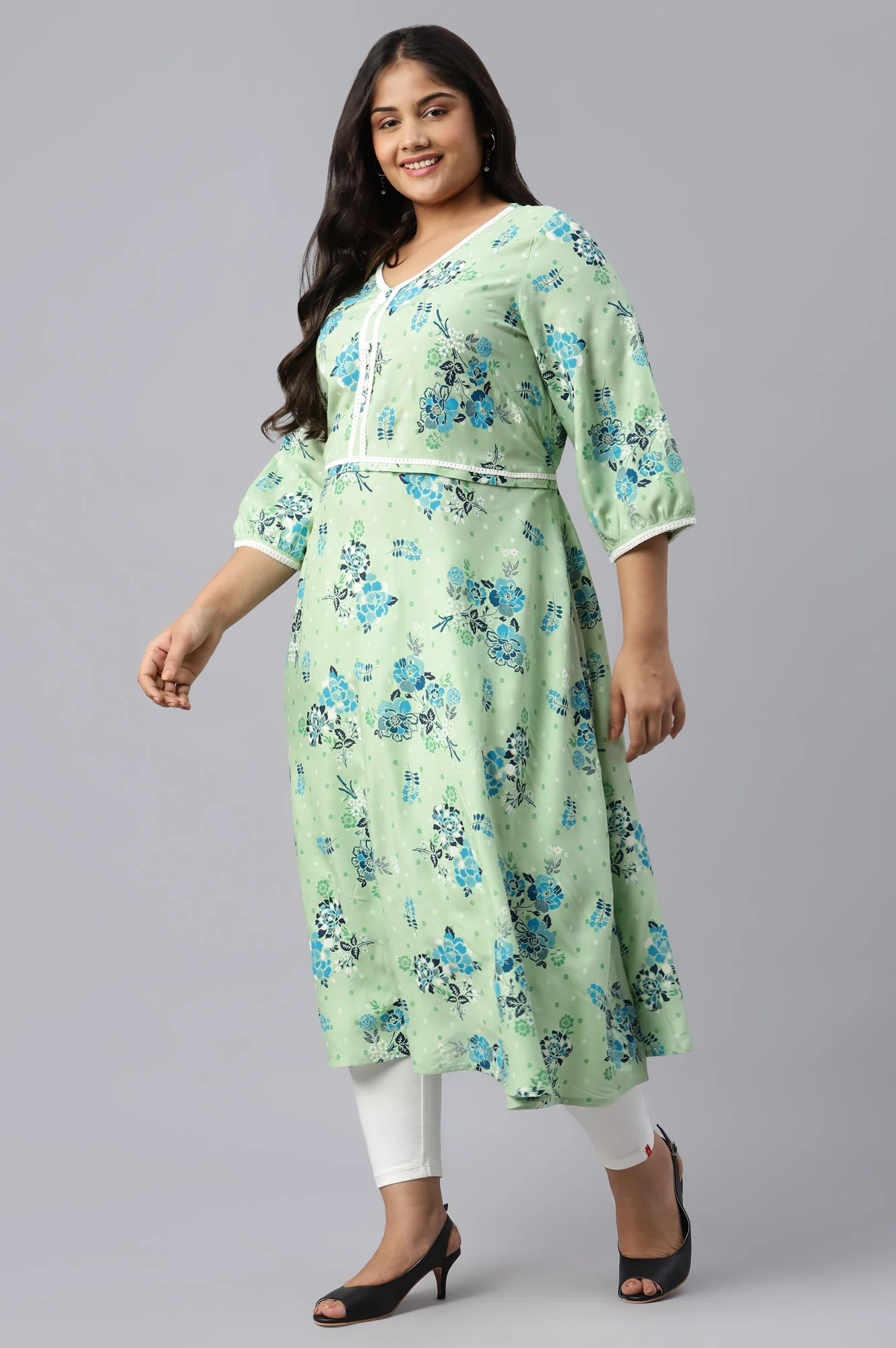 Green Circular Floral Printed Plus Size kurta - Image 3