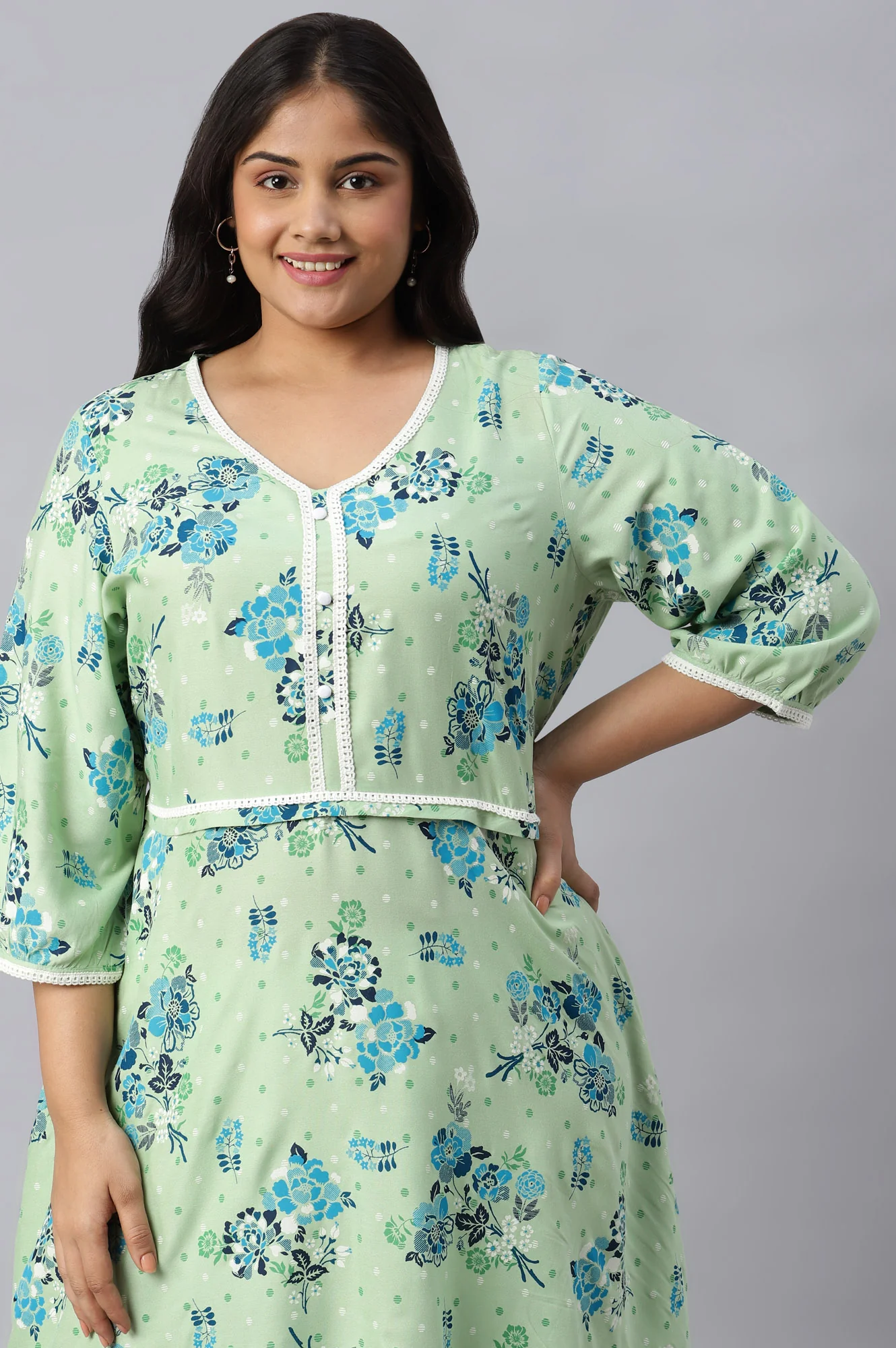 Green Circular Floral Printed Plus Size kurta - Image 5