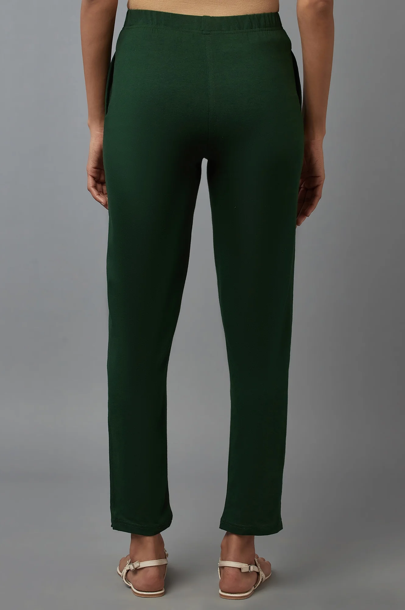 Dark Green Solid Flared Cotton Pants With Elasticated Waist - Image 2