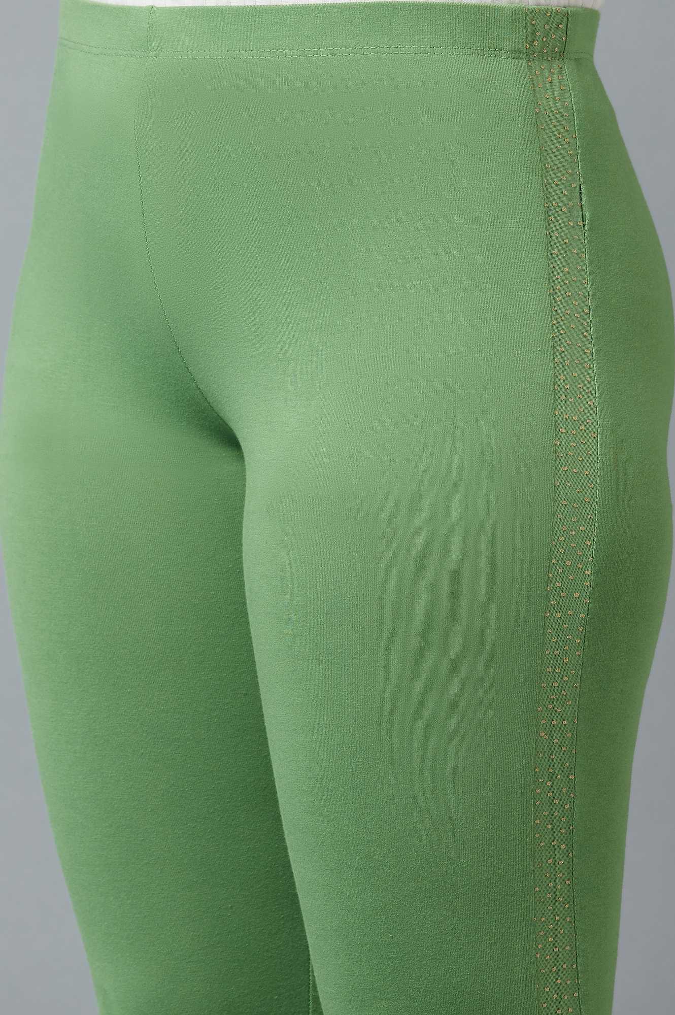 Green Solid Skinny Cotton Tights With Elasticated Waist - Image 6
