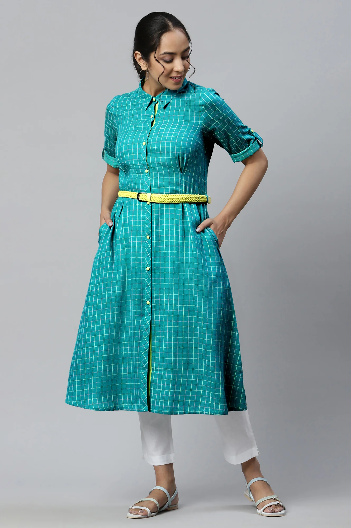 Green Cotton Shirt Collar kurta - Image 5