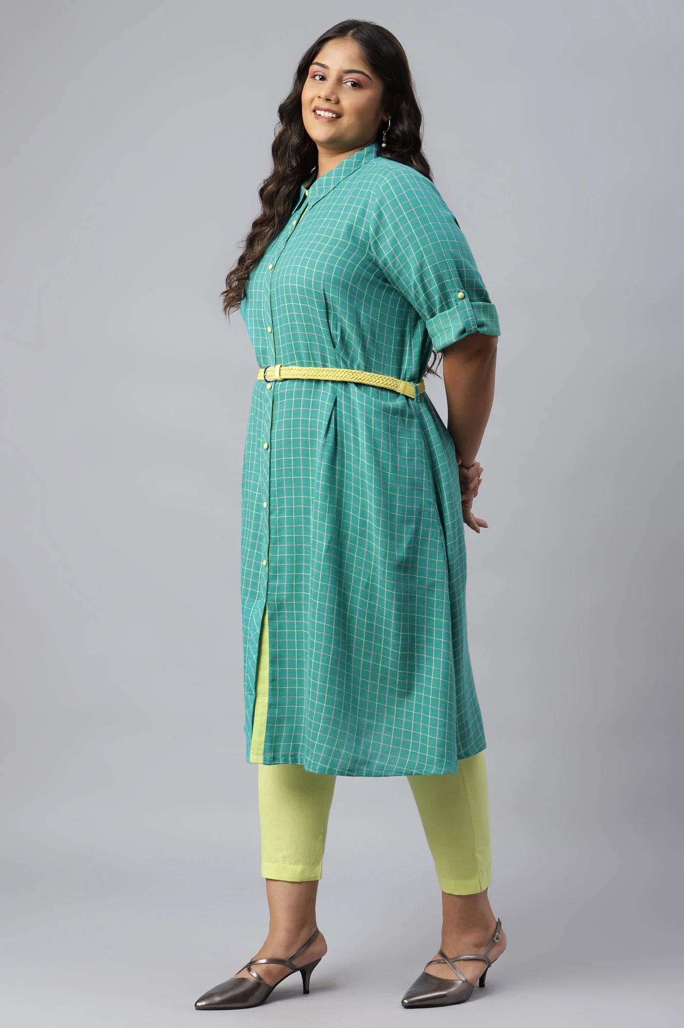 Green Cotton Shirt Collar Plus Size kurta - Image 3