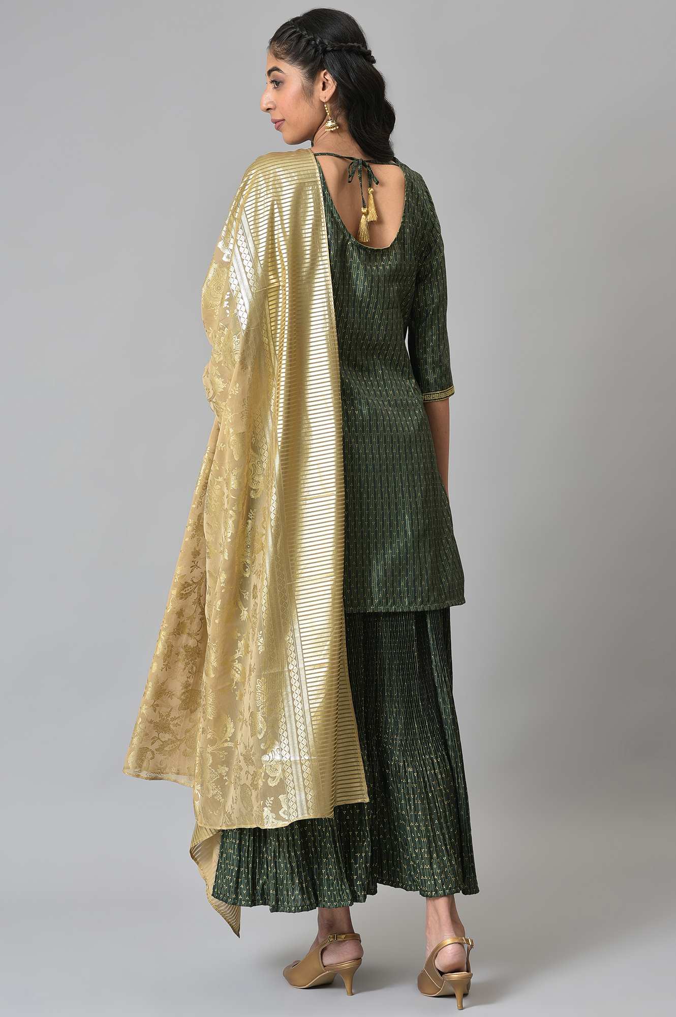 Green Embroidered kurta with Flared Skirt and Golden Dupatta - Image 2