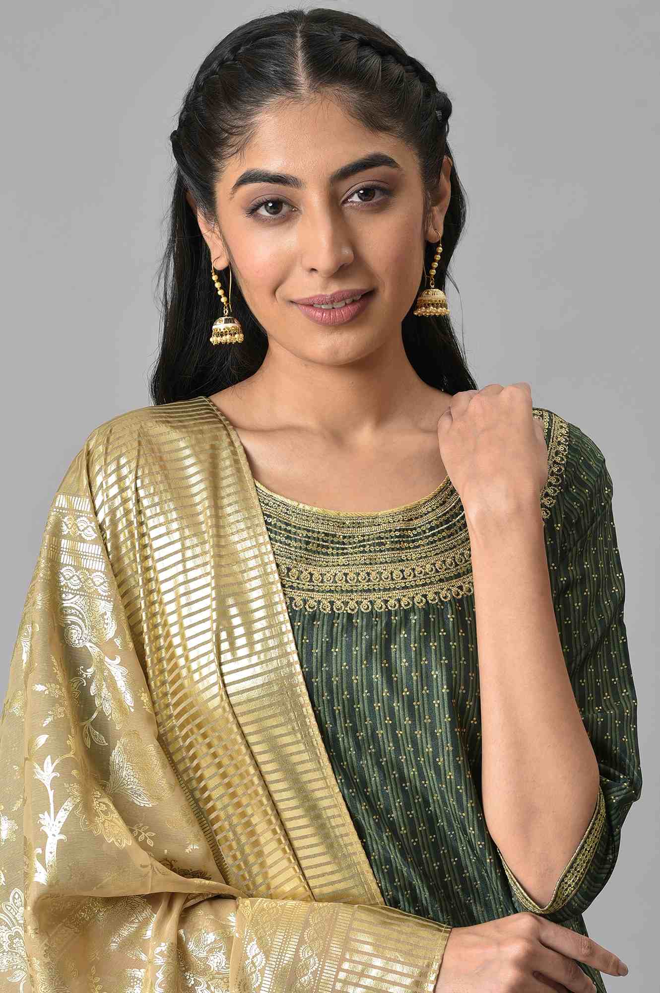 Green Embroidered kurta with Flared Skirt and Golden Dupatta - Image 5
