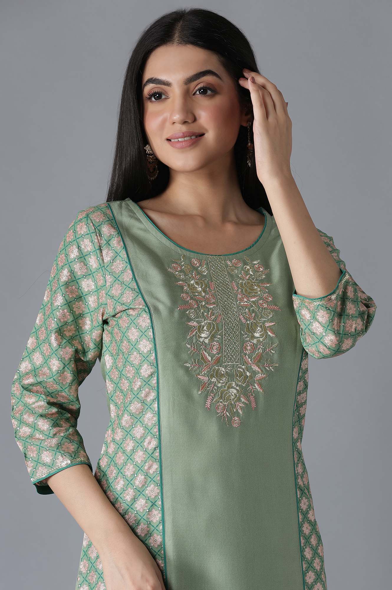 Green Embroidered Mughal Print kurta Trousers Set - Image 5