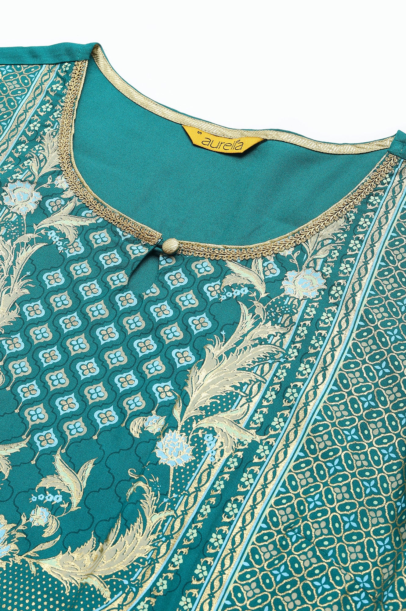 Green Floral Foil Print Ethnic LIVA kurta - Image 2