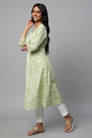 Green Floral Printed A-line kurta Set - Image 12