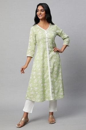 Green Floral Printed A-line kurta Set - Image 2