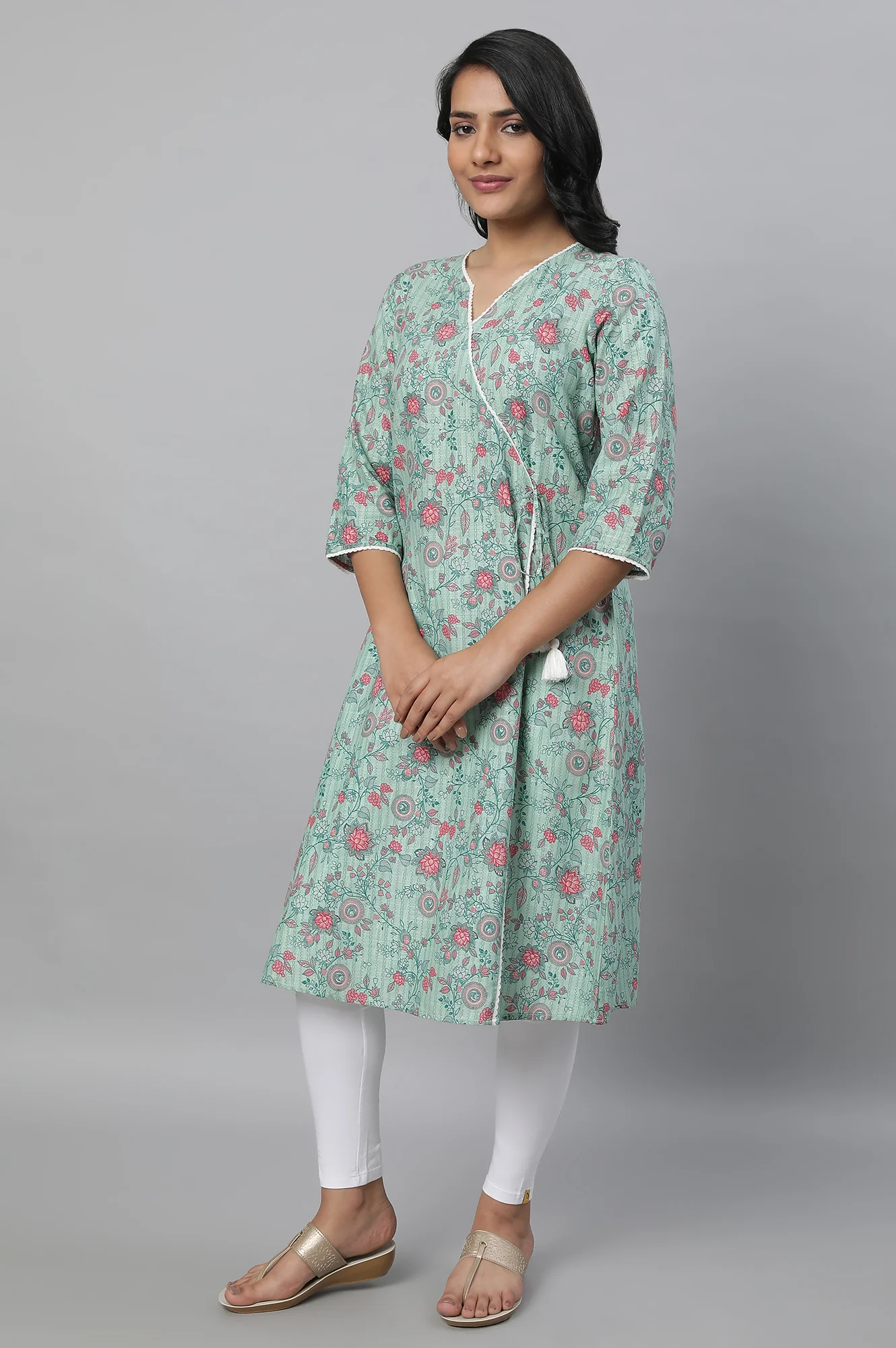 Green Floral Printed kurta & Tights Set - Image 3