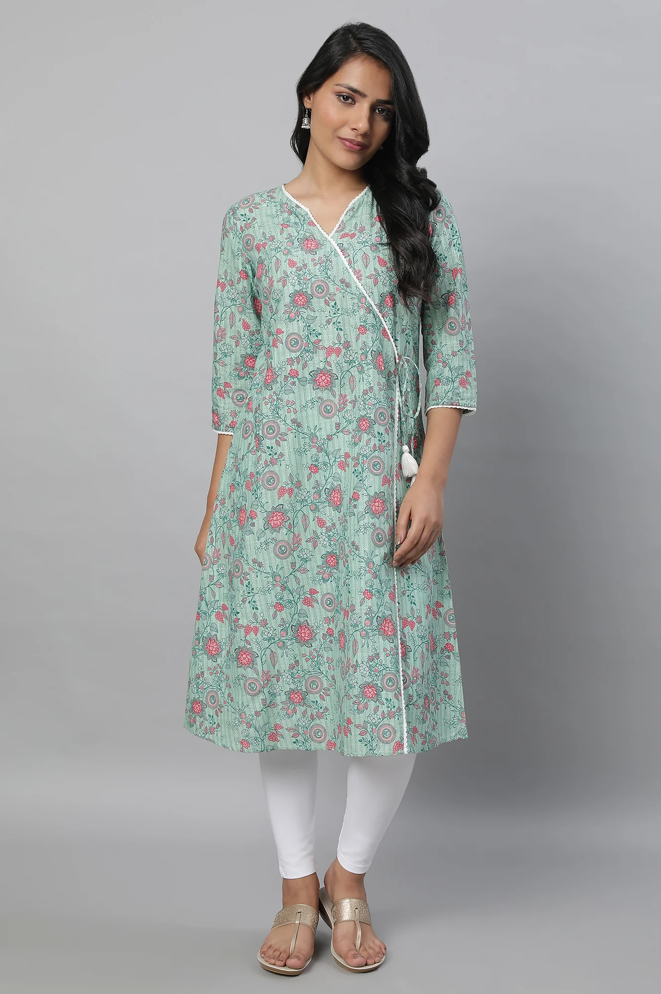 Green Floral Printed kurta & Tights Set - Image 5
