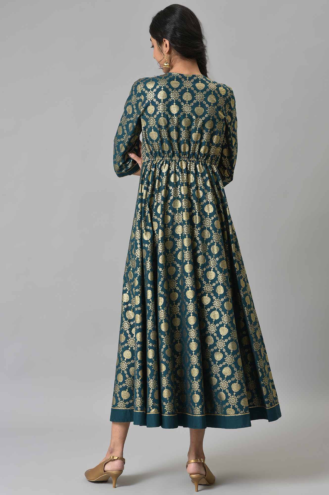 Green Heavy Festive Flared Dress with Mock Embroidered Jacket - Image 2