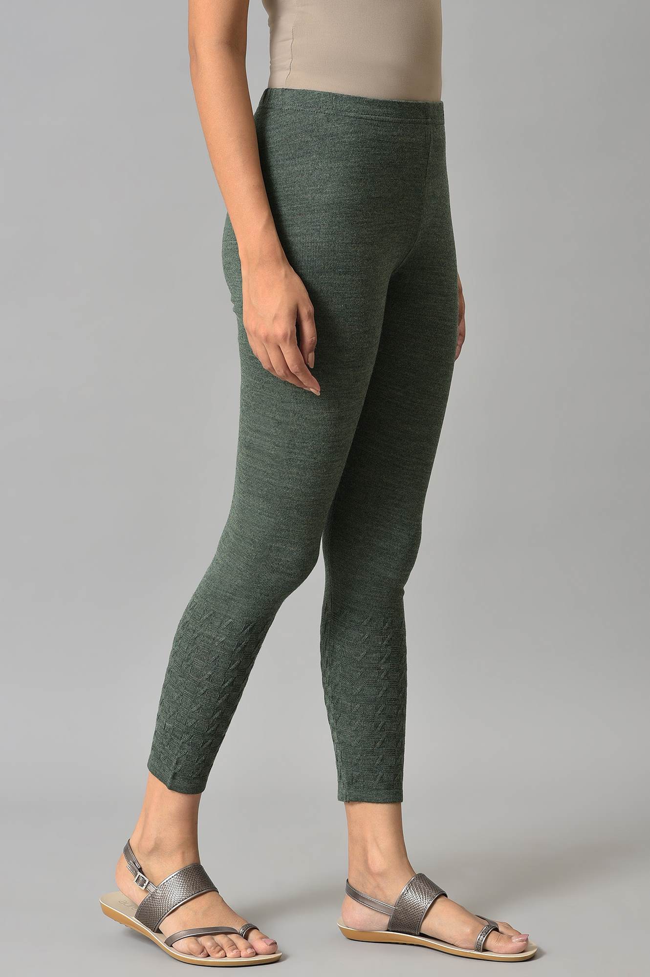 Green Solid Skinny Tights With Elasticated Waistband - Image 4