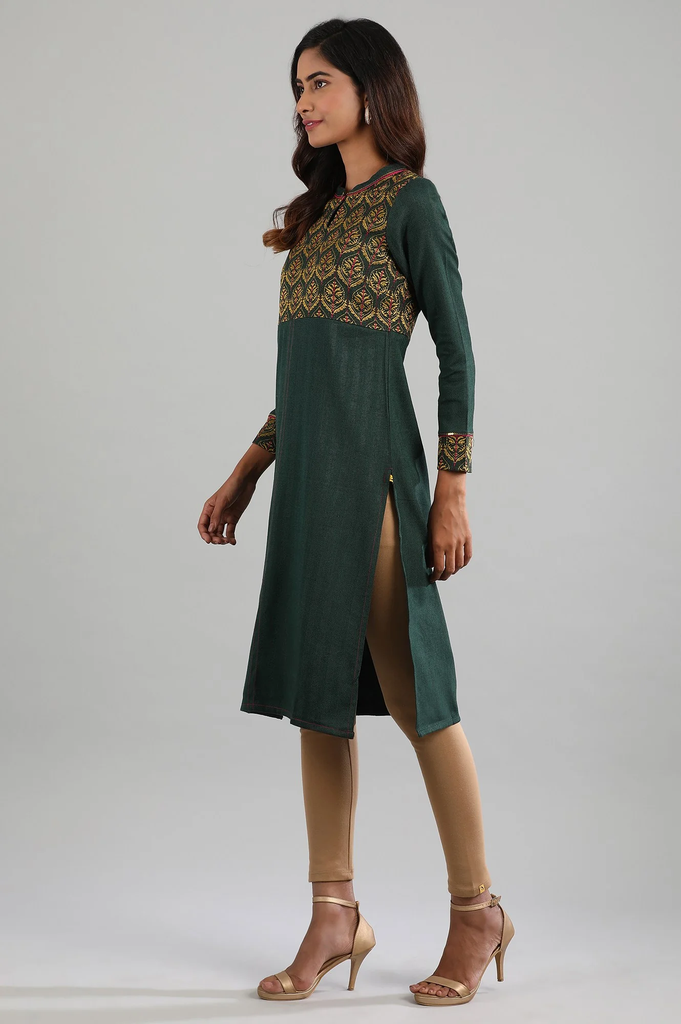 Green Mandarin Neck Winter kurta - Image 3