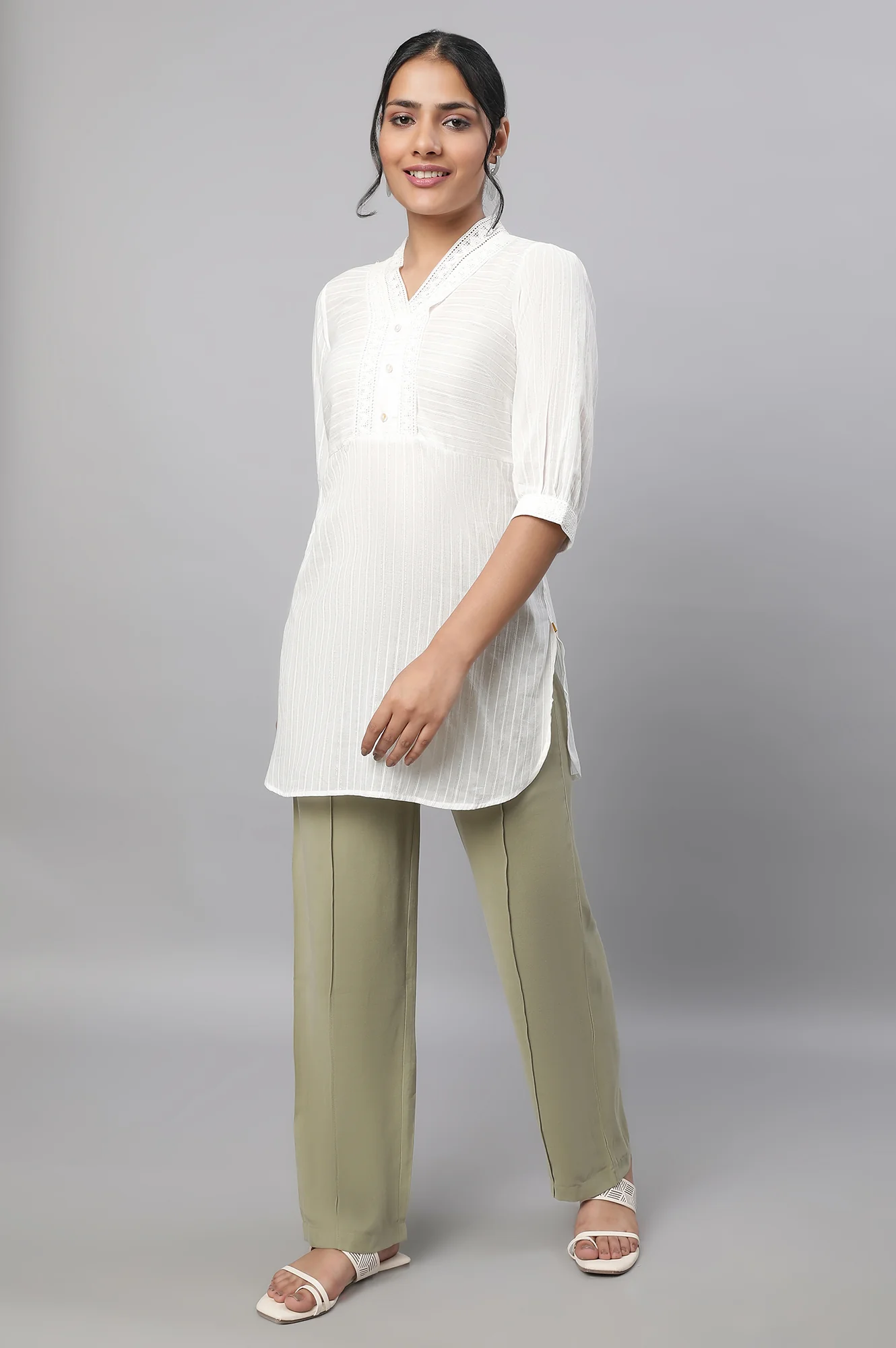 Muted Sage Green Solid Straight Fit Woven Pants With Pintuck Detail - Image 5