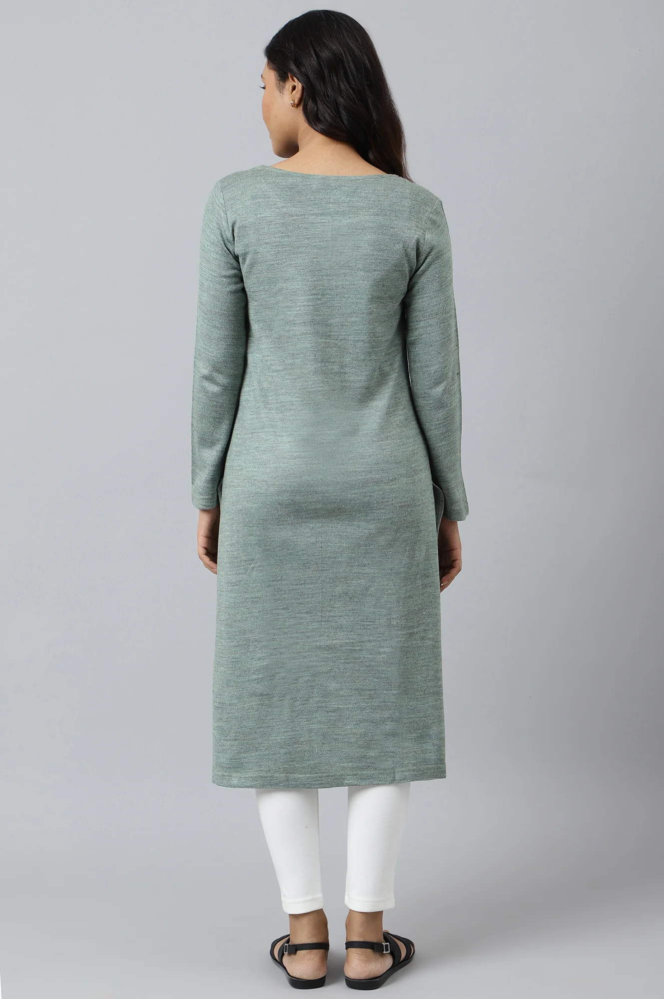 Green Placement Print Ethnic Plus Size Winter kurta - Image 4