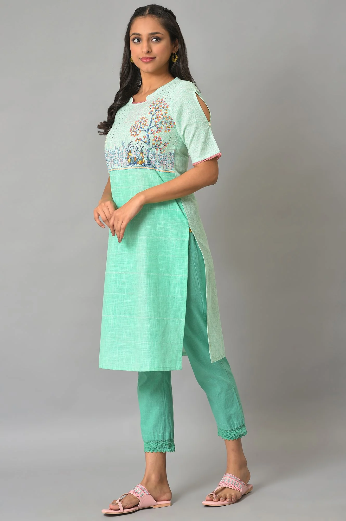 Green Printed Band Collar Summer kurta - Image 3