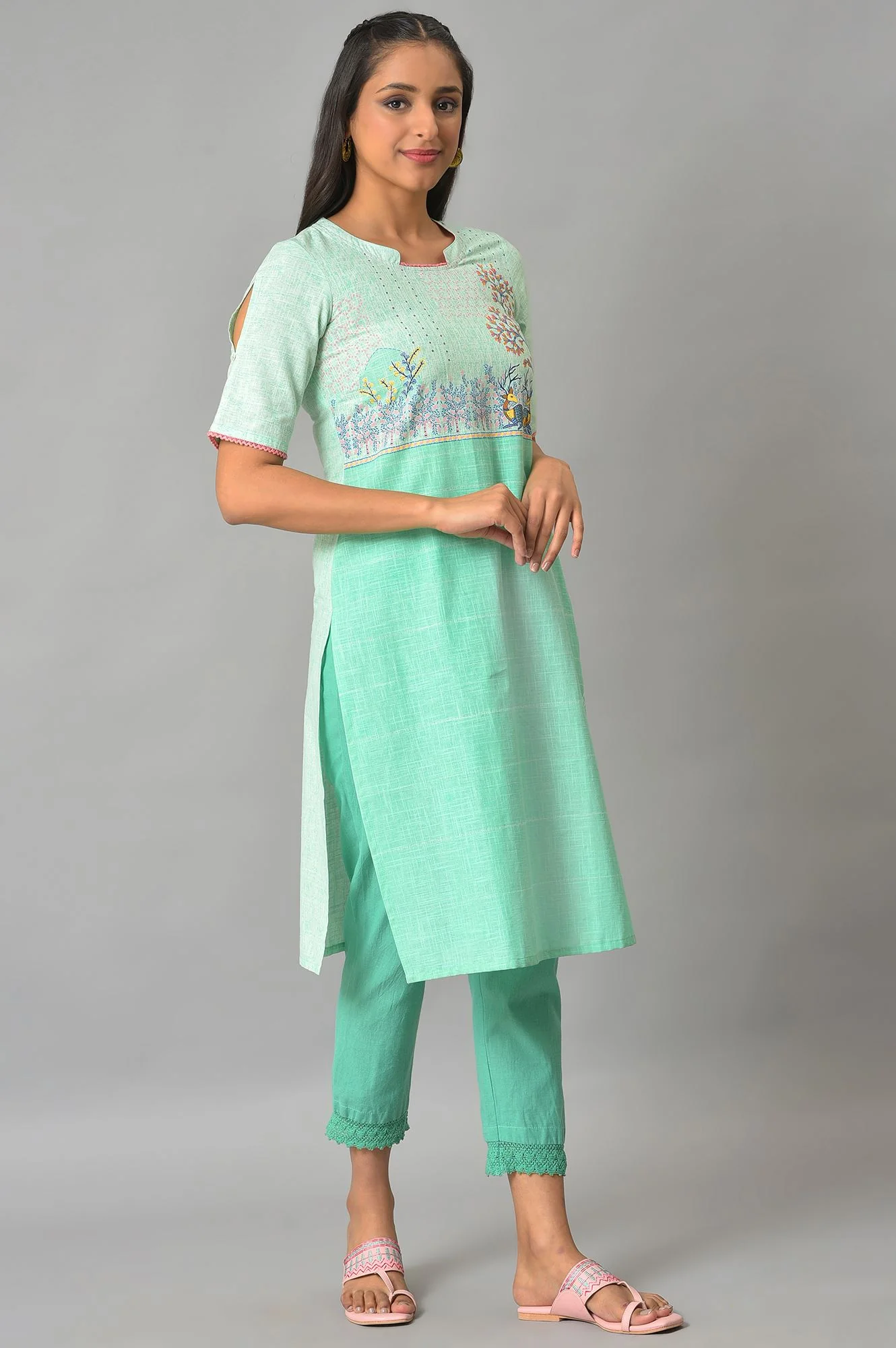 Green Printed Band Collar Summer kurta - Image 4