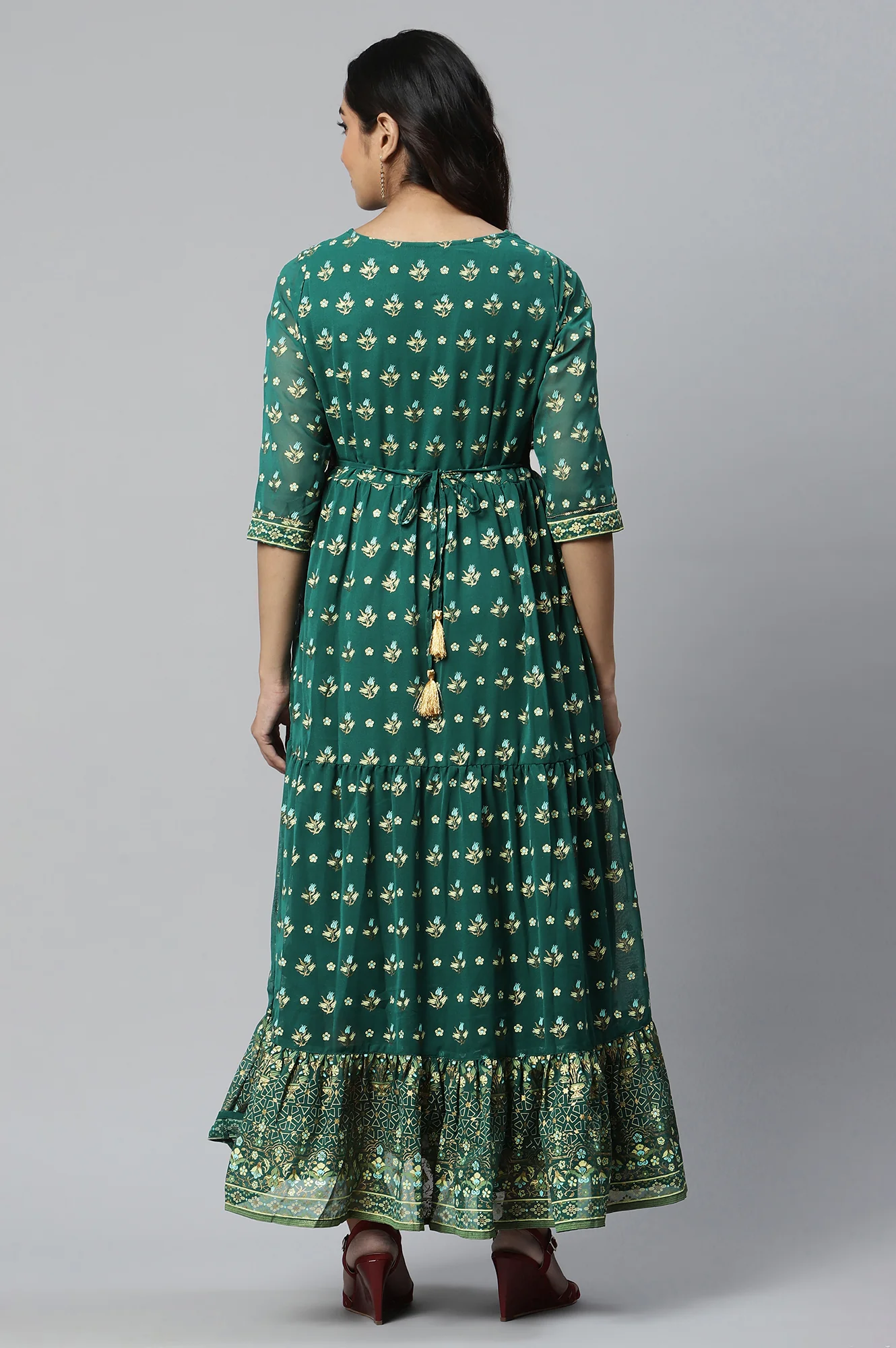 Green Printed Flared Dress with Zari Embroidery - Image 2