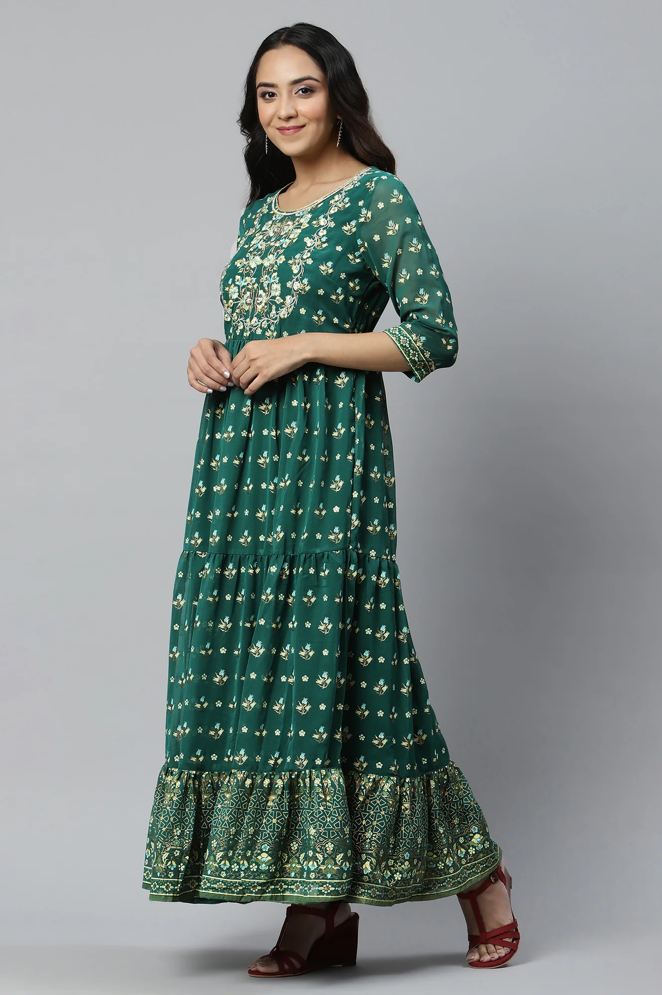 Green Printed Flared Dress with Zari Embroidery - Image 3