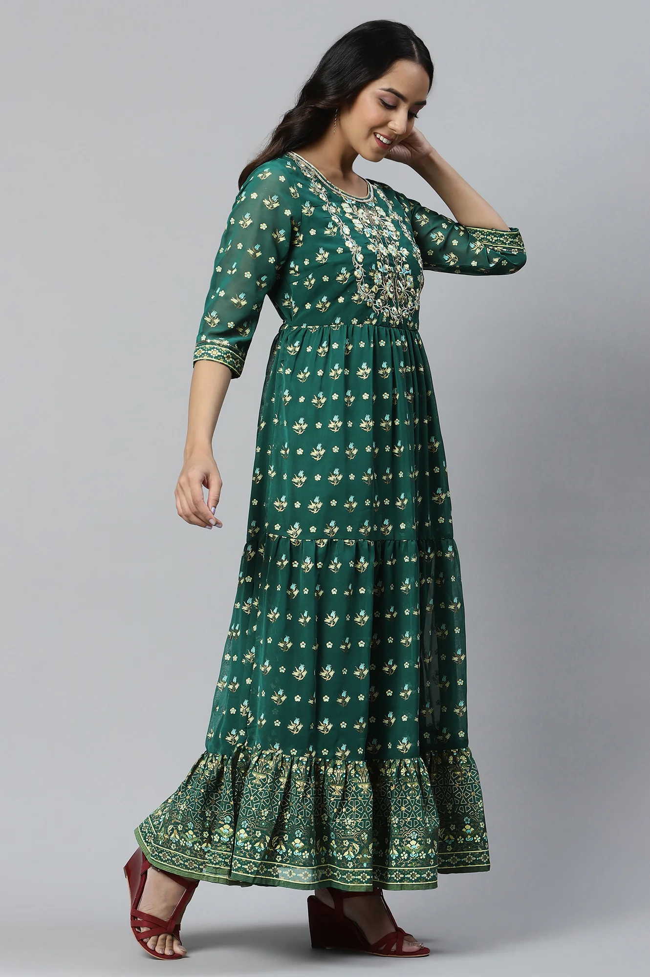 Green Printed Flared Dress with Zari Embroidery - Image 4
