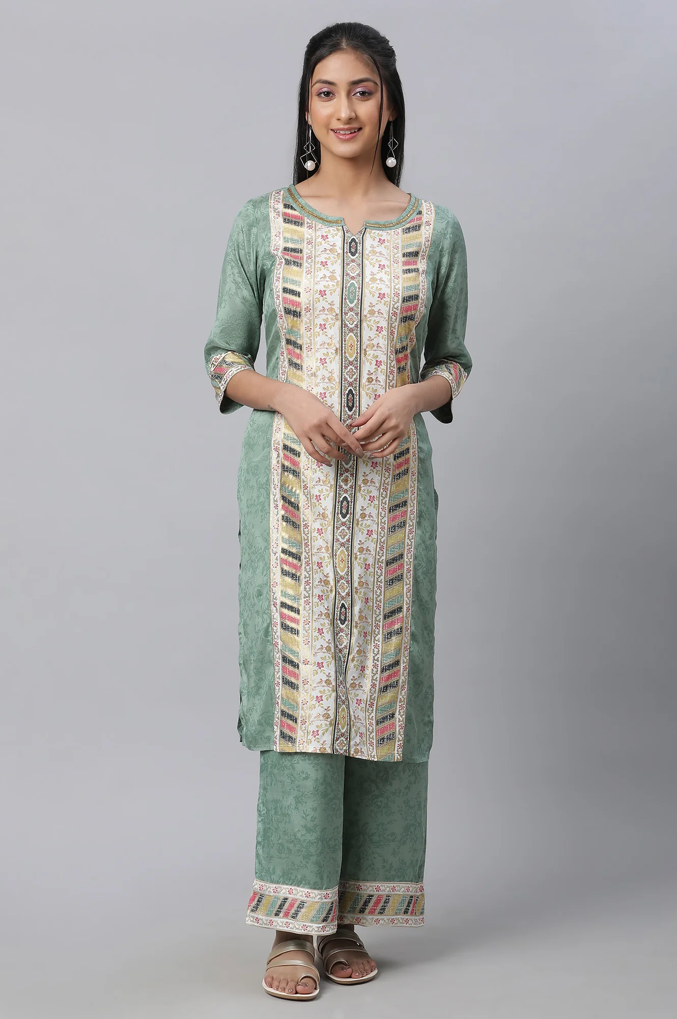 Green Printed kurta & Straight Pants Set