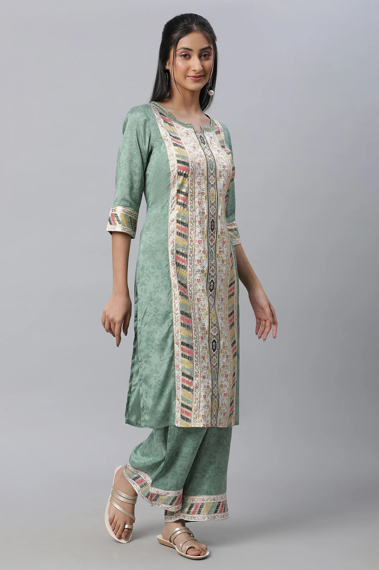 Green Printed kurta & Straight Pants Set - Image 2
