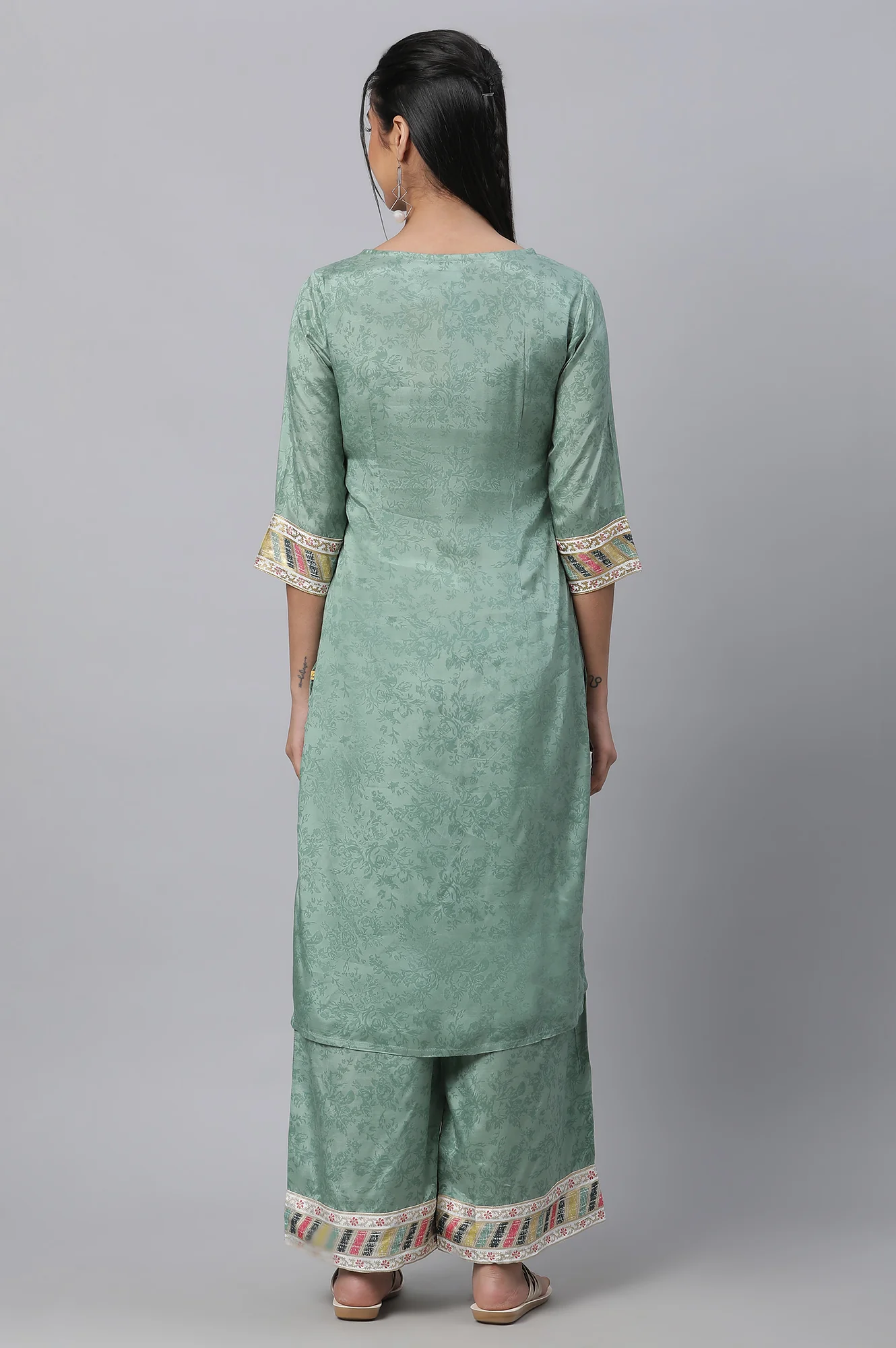 Green Printed kurta & Straight Pants Set - Image 4