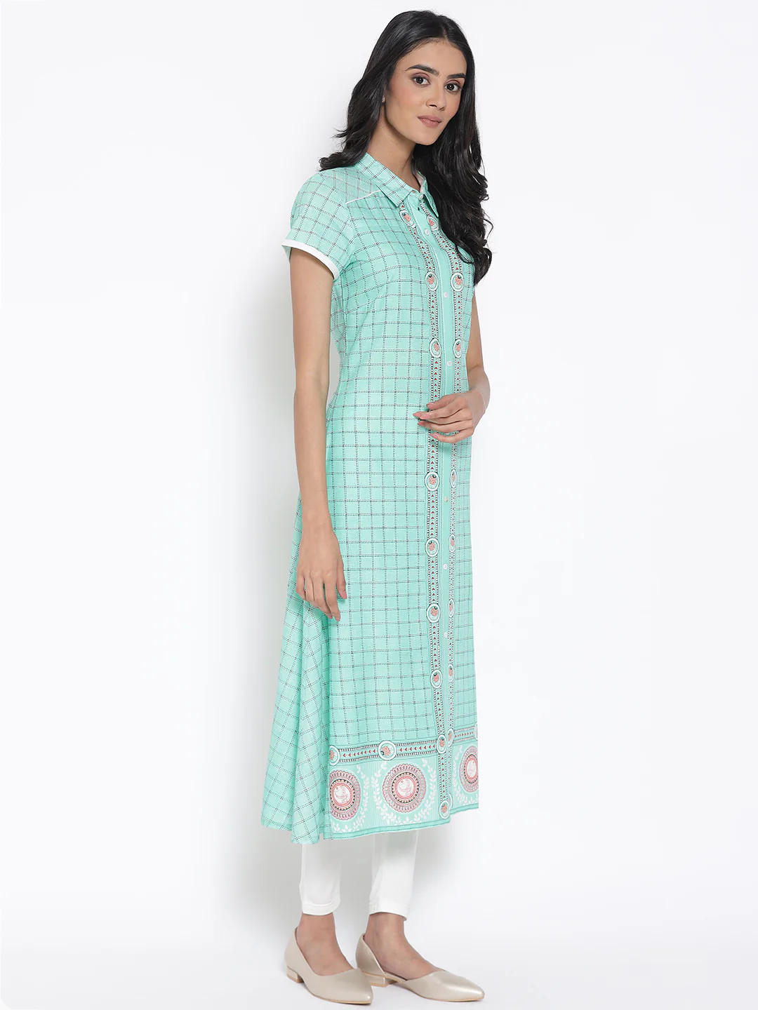 Green Printed Shirt Collar kurta & Tights - Image 4