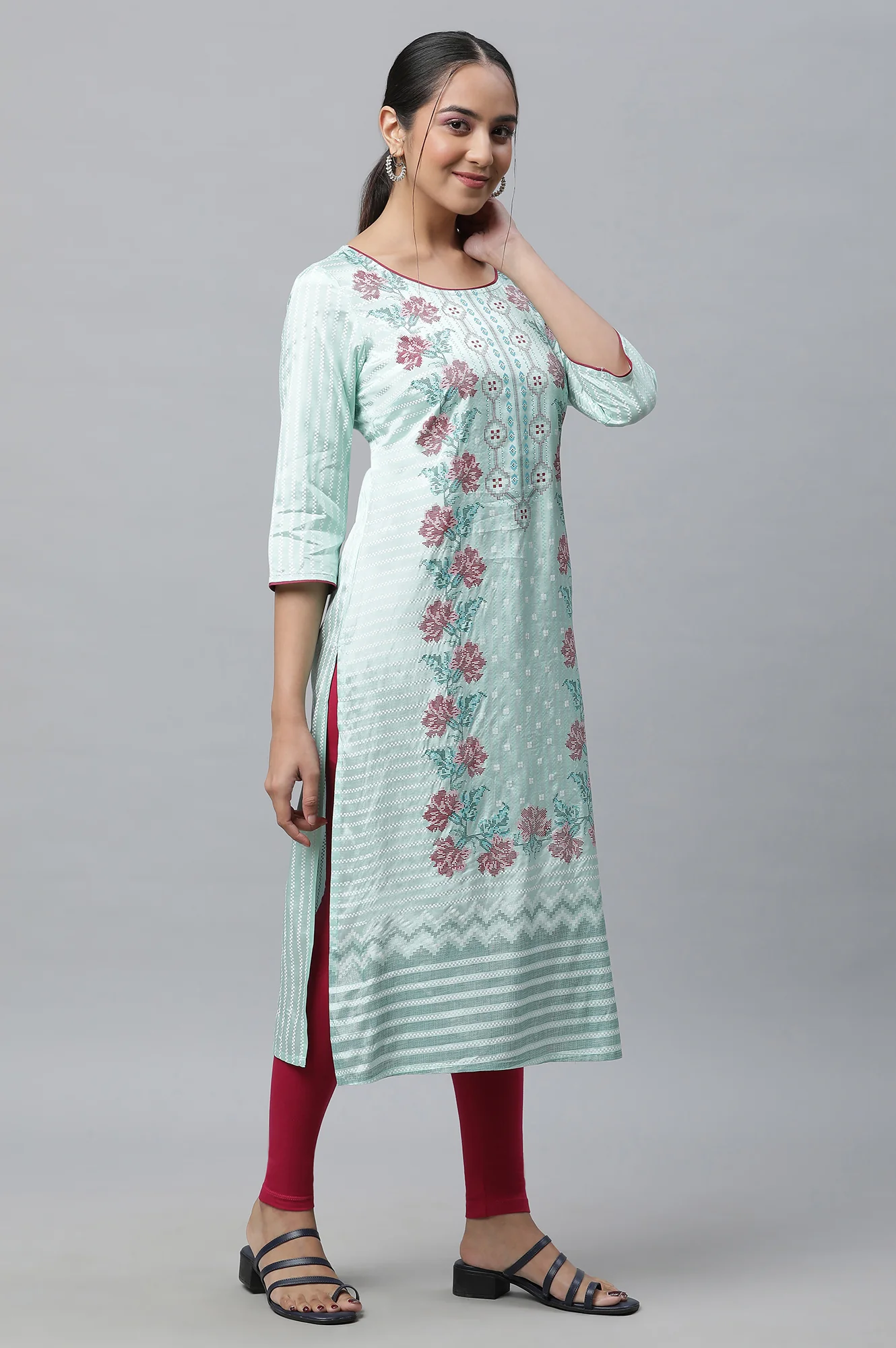 Green Printed Straight Kurta - Image 5