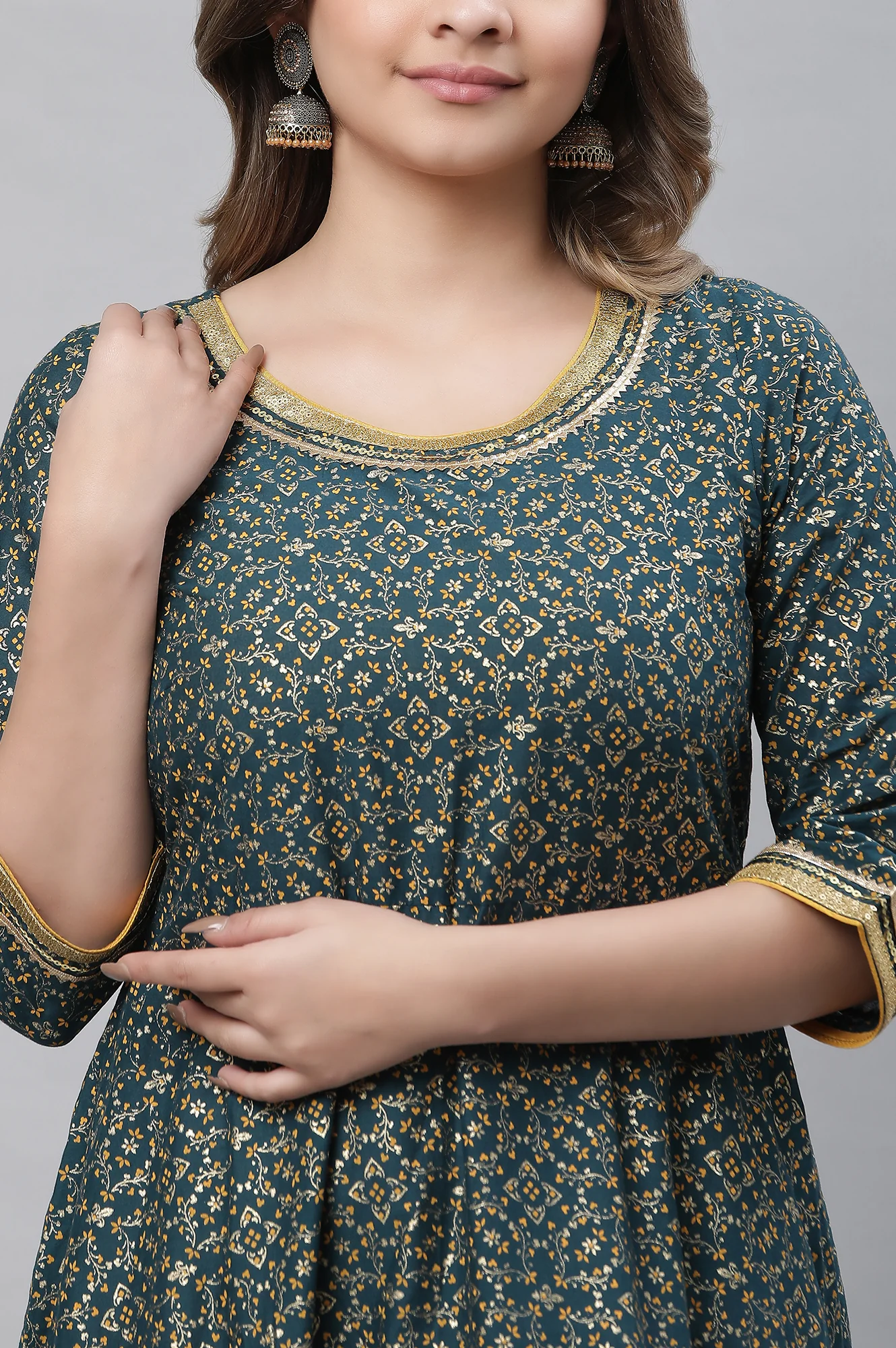 Green Printed Festive Long Kalidar Kurta - Image 6