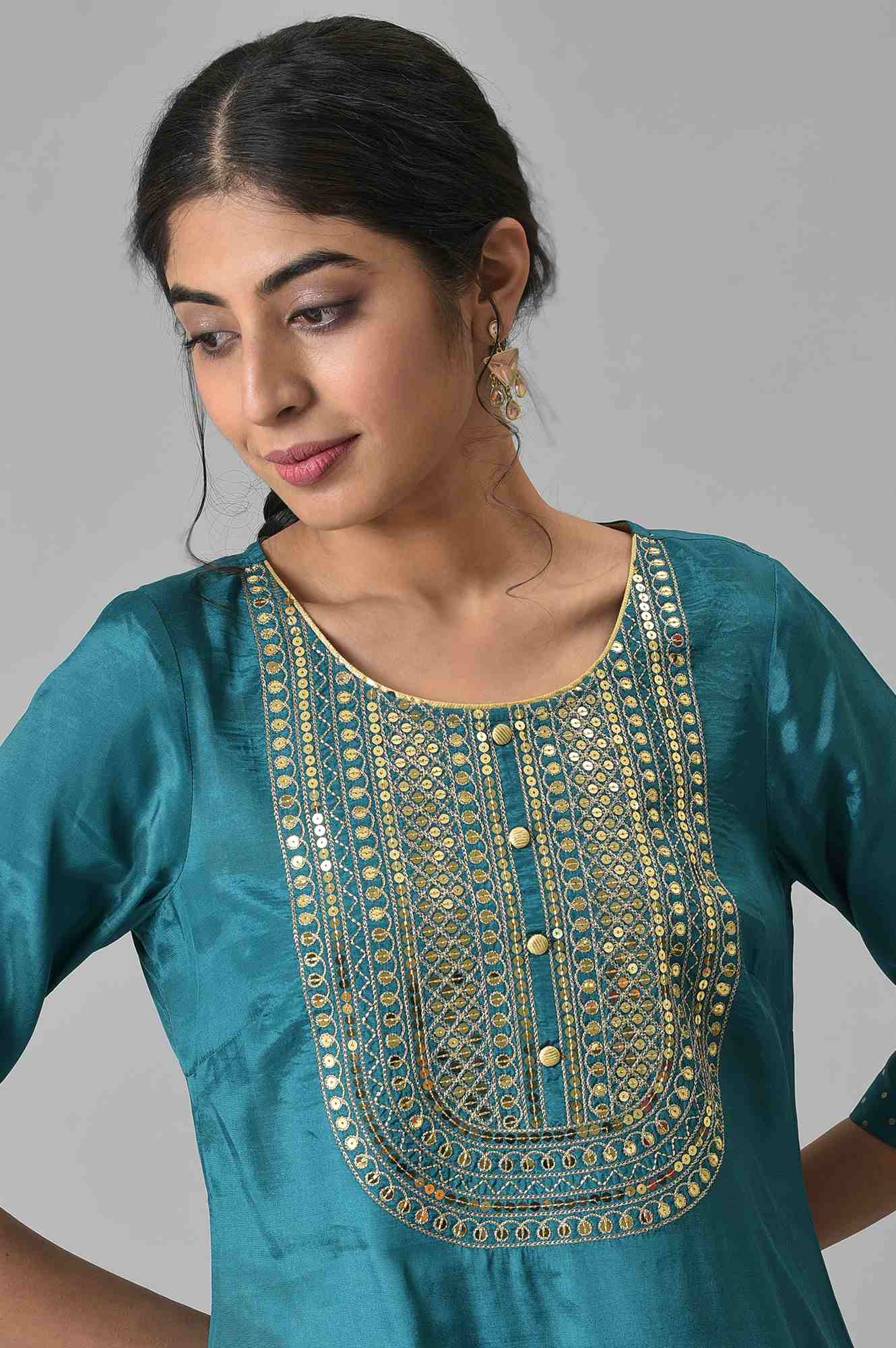 Blue Shantung LIVA Kurta with Gathered Sharara - Image 5