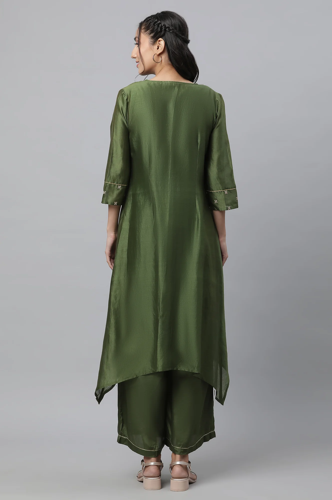 Green Shantung Top, Gilet and Pants Set - Image 4