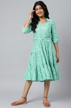 Green Shirt Collar Floral Printed LIVA Dress - Image 3