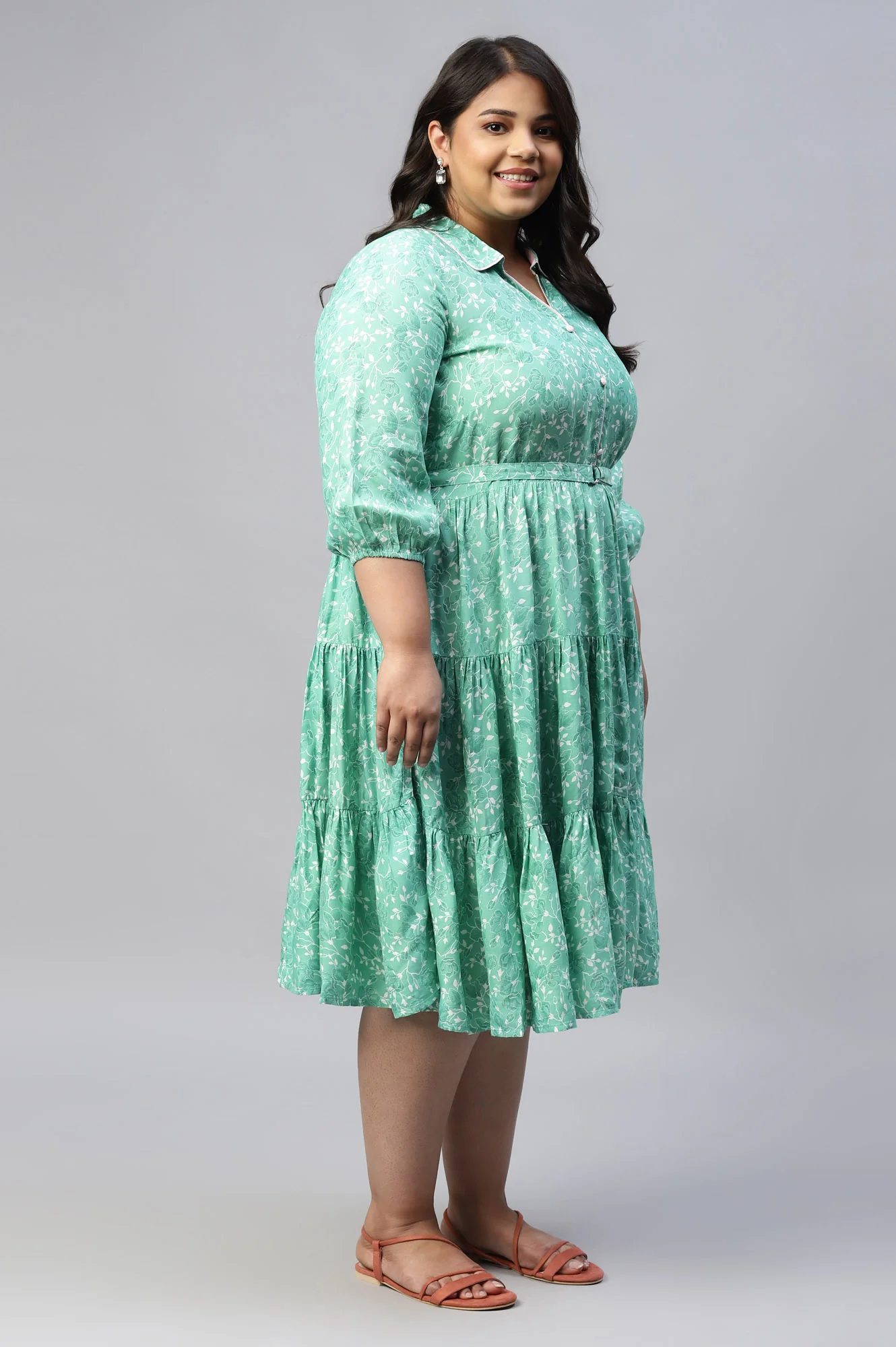 Green Shirt Collar Plus Size Liva Dress With Floral Motifs - Image 4