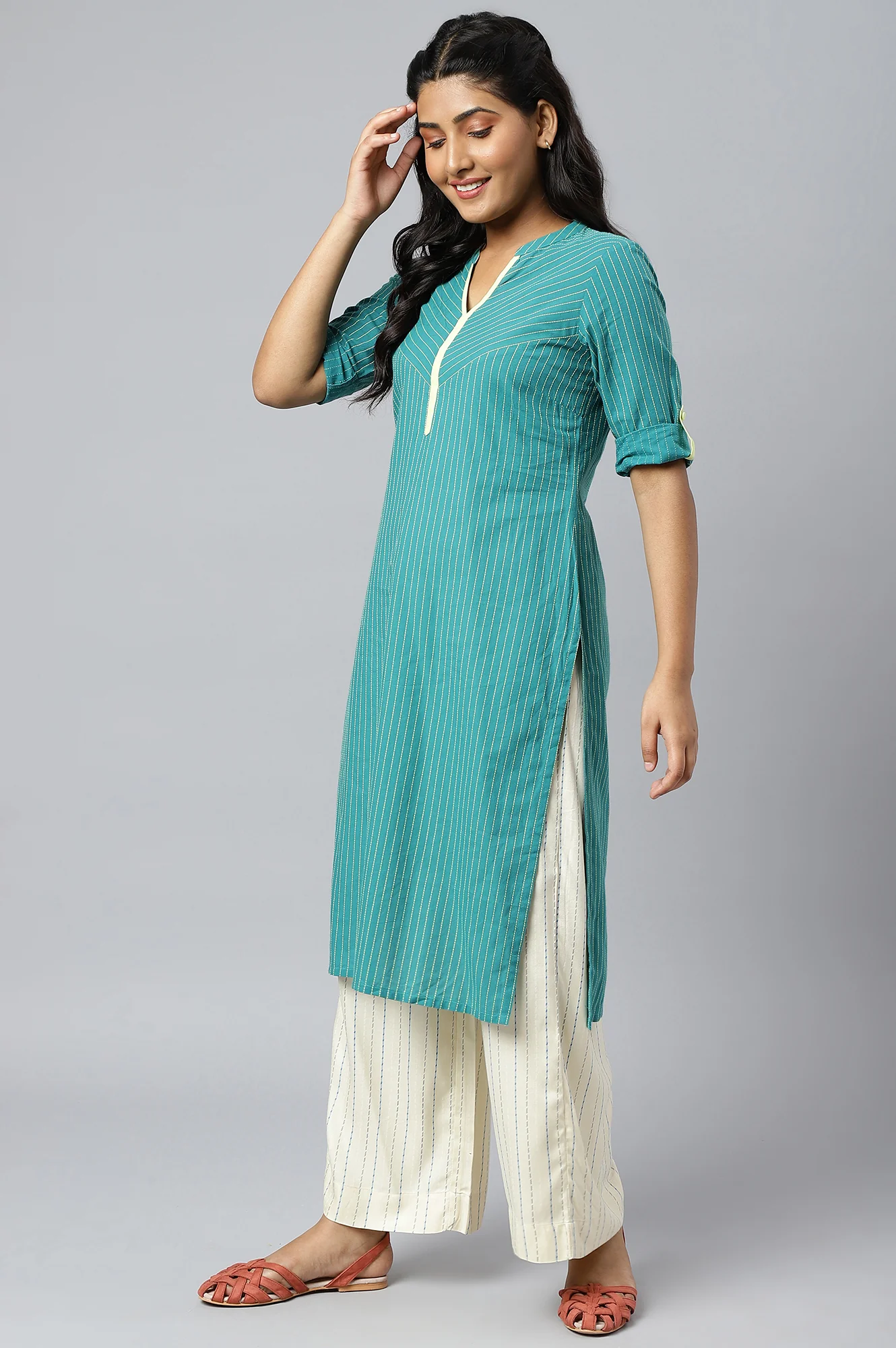 Green Stripe kurta in Chevron Yoke - Image 3