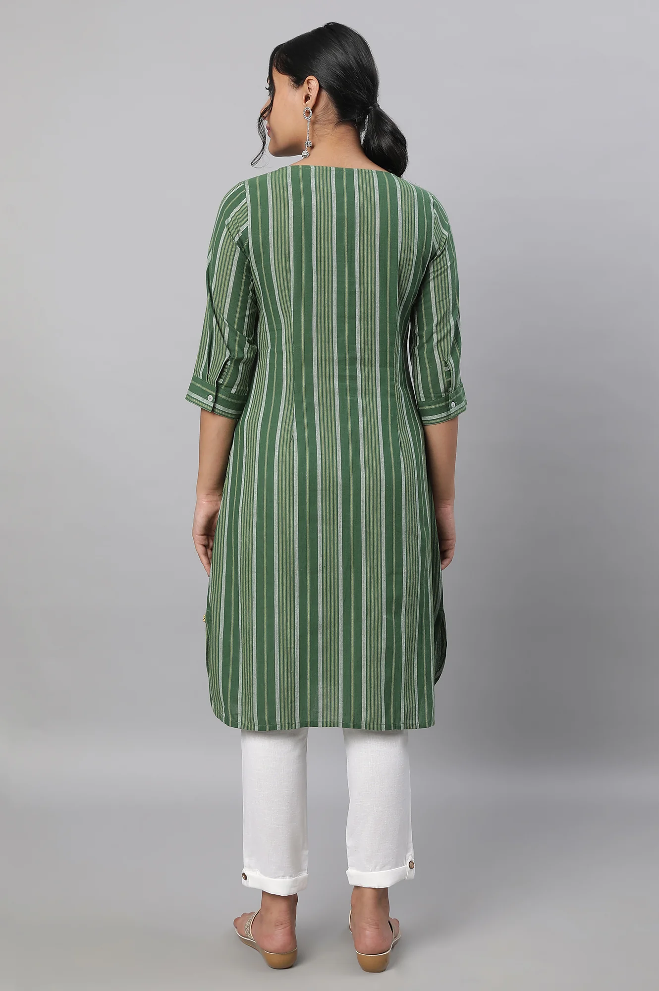 Green Stripe Print Cotton kurta & Trousers Set - Image 2