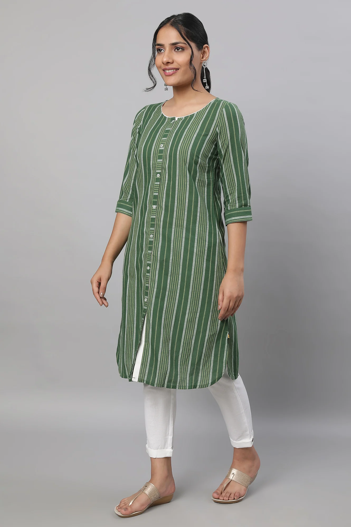 Green Stripe Print Cotton kurta & Trousers Set - Image 3